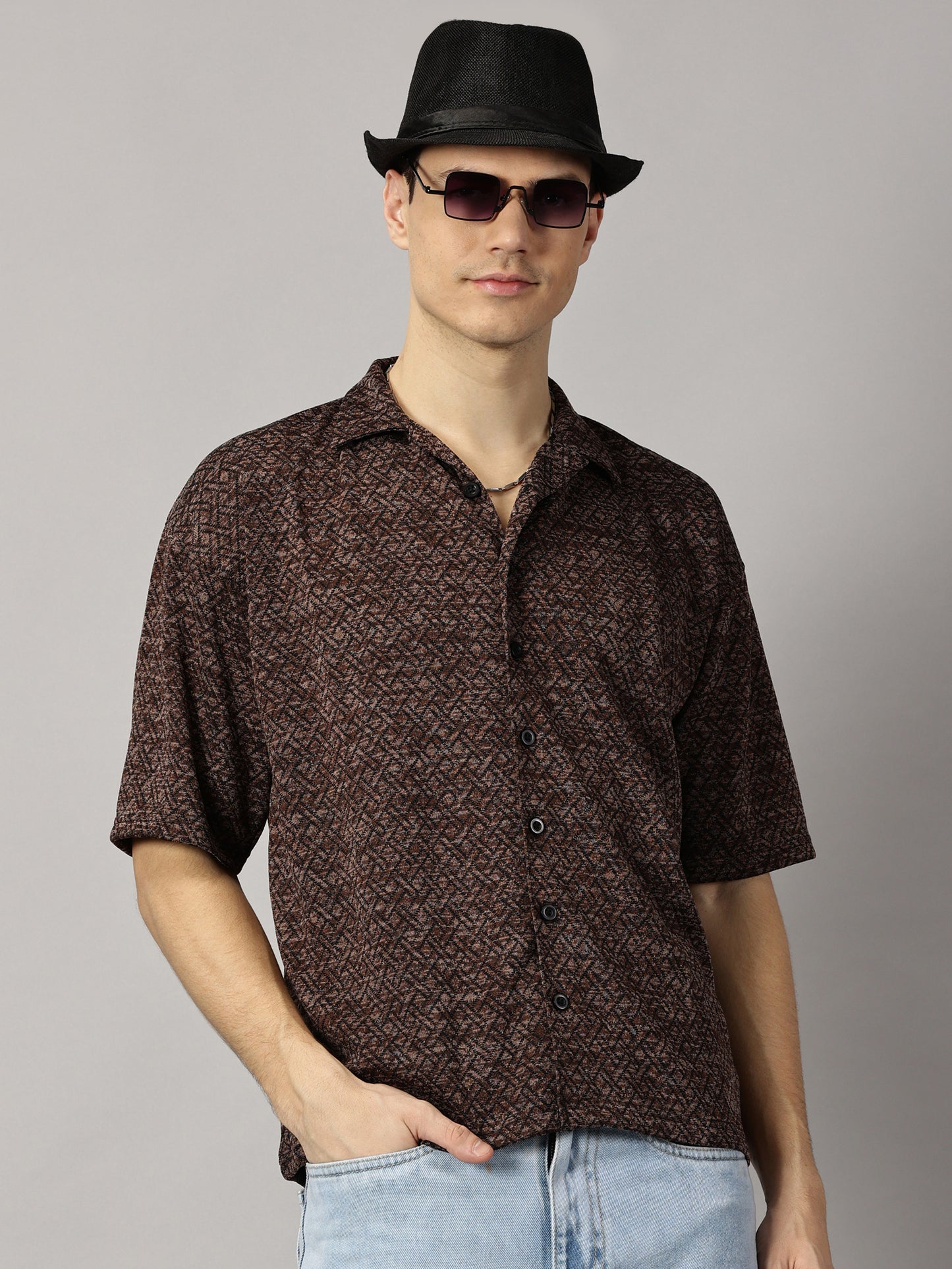 Brown Textured Oversized Shirt