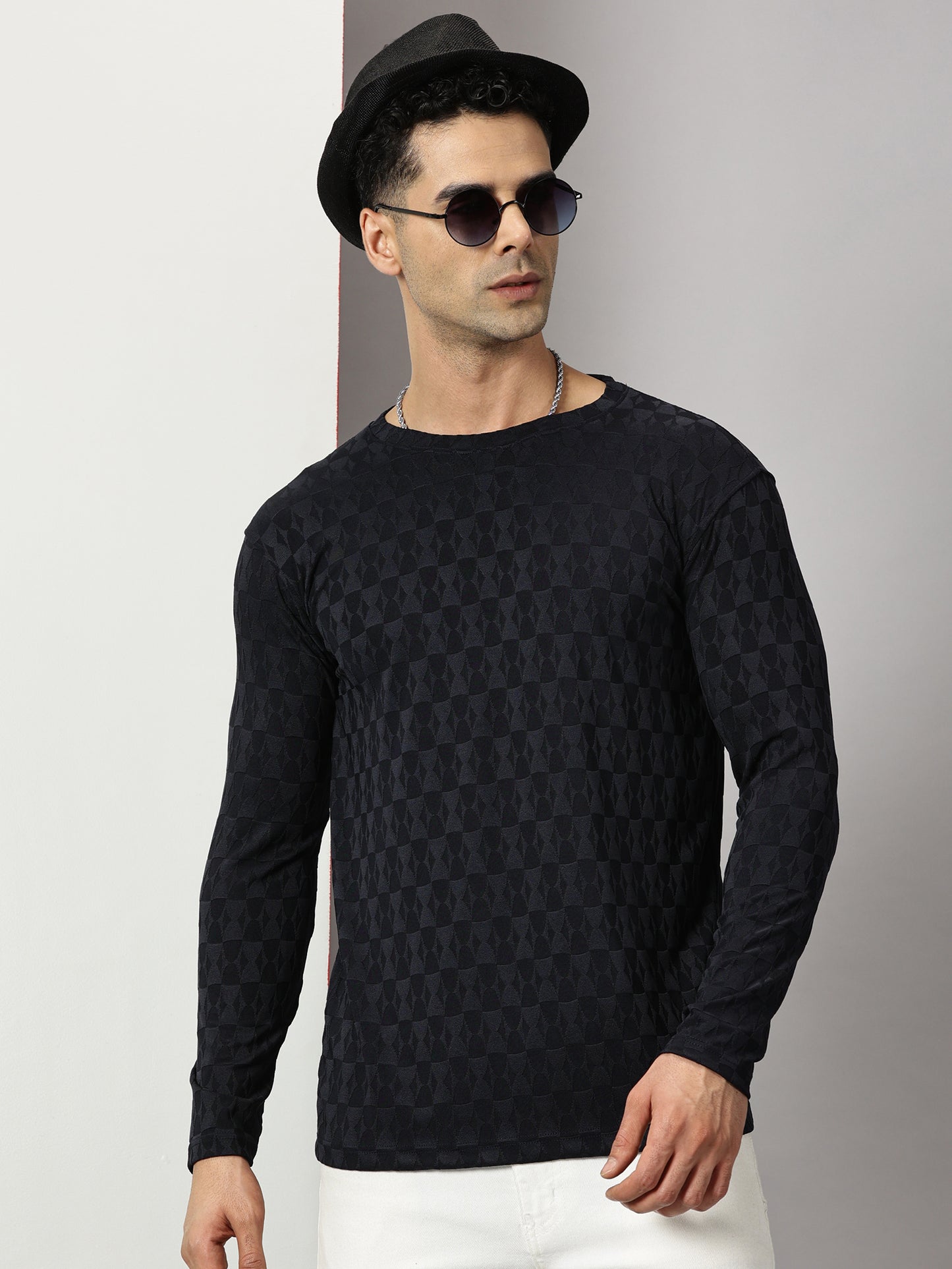 Navy Textured Full-sleeve T-Shirt