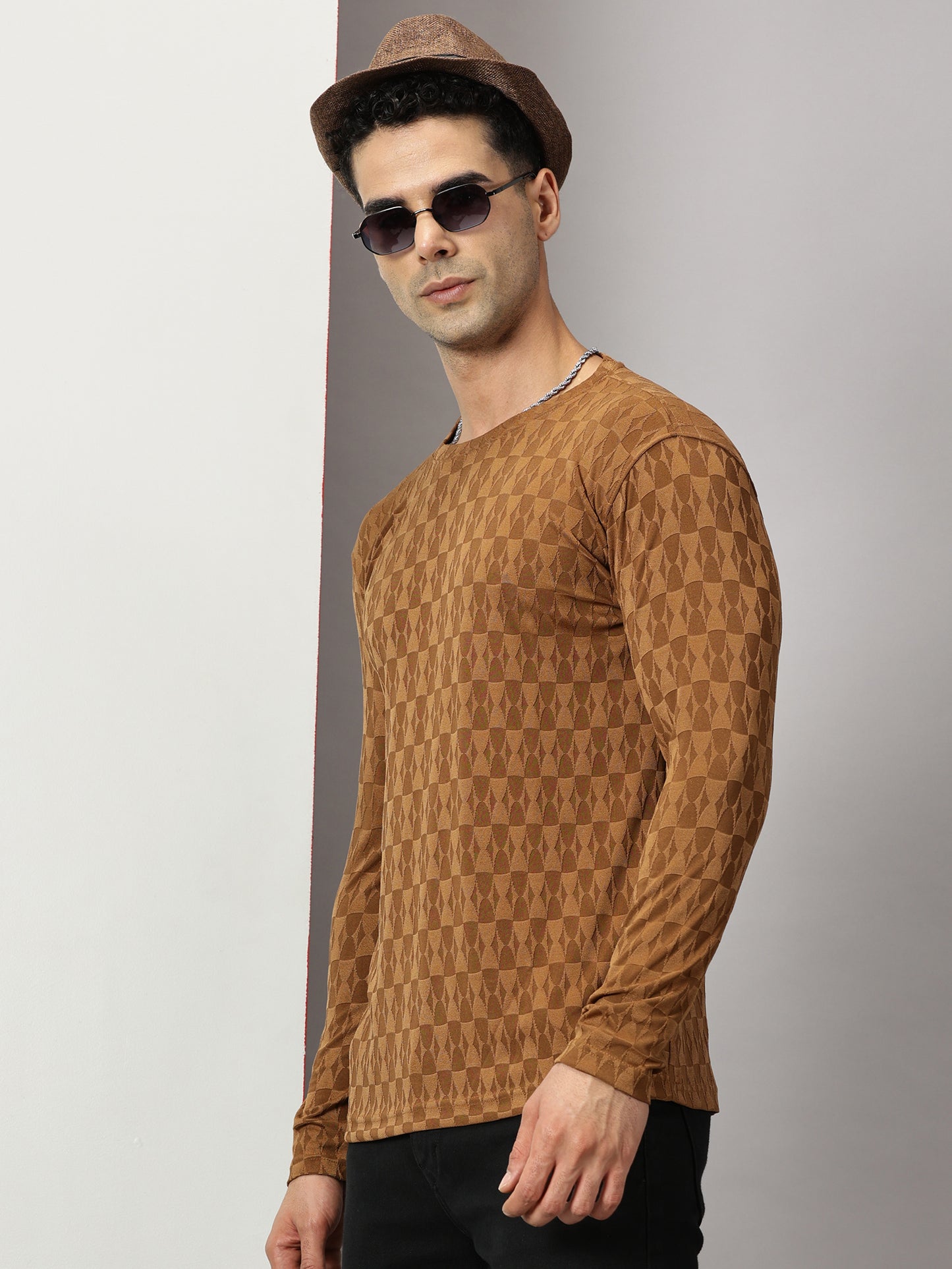 Brown Textured Full-sleeve T-Shirt