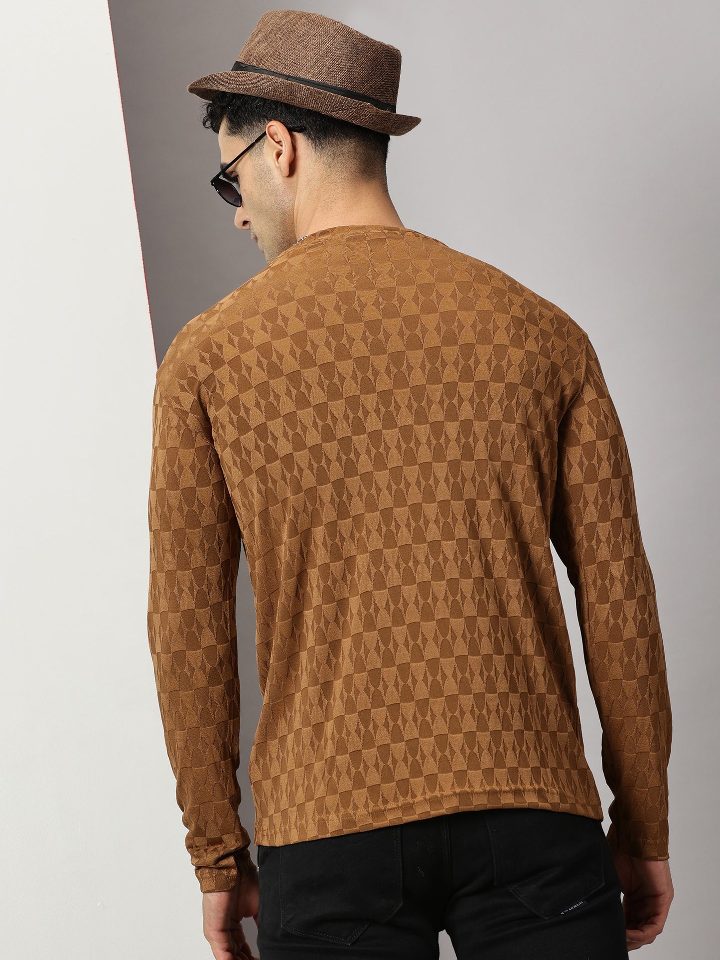 Brown Textured Full-sleeve T-Shirt