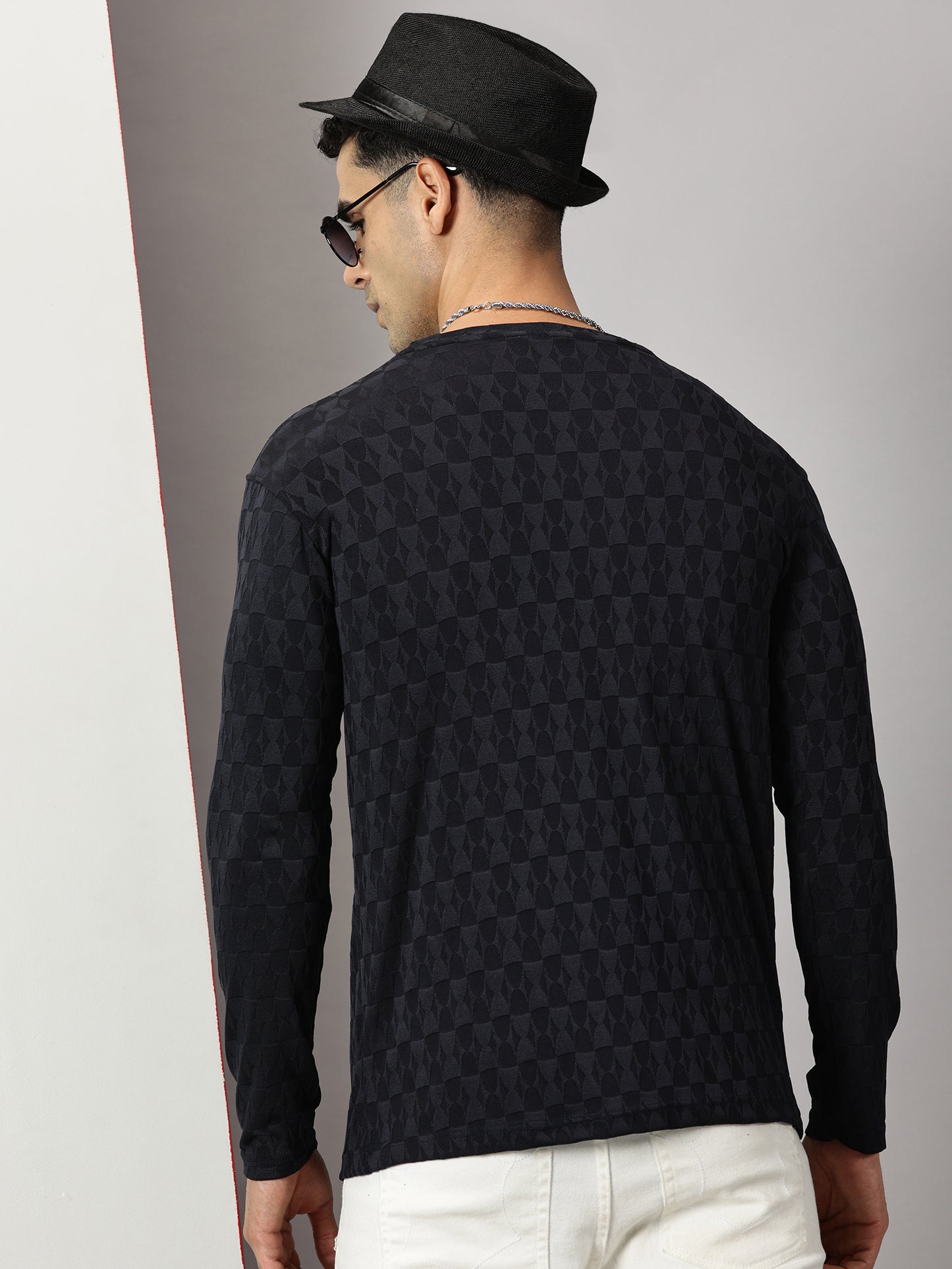 Navy Textured Full-sleeve T-Shirt