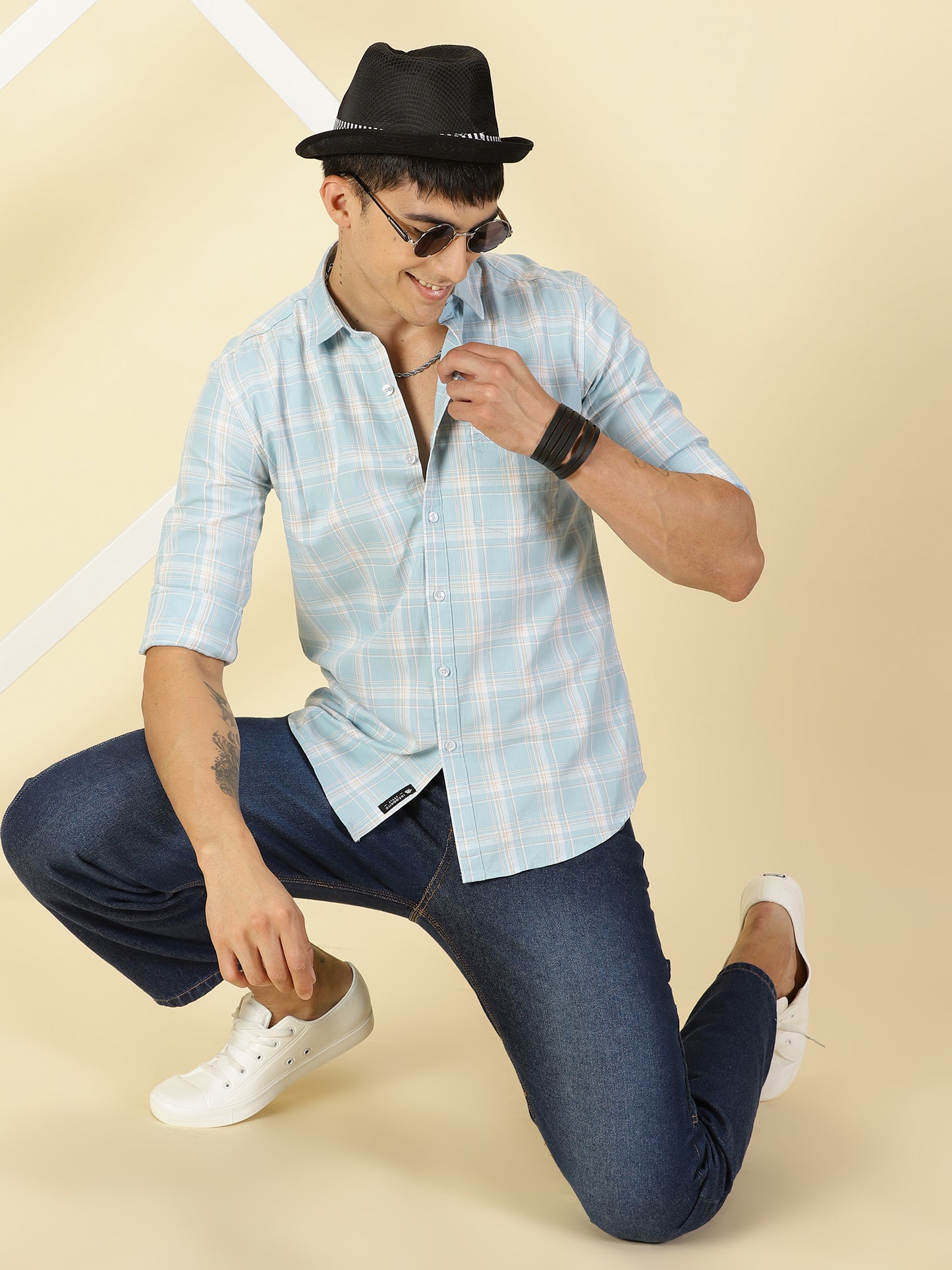 Giza Cotton Checks Sky Blue Shirt