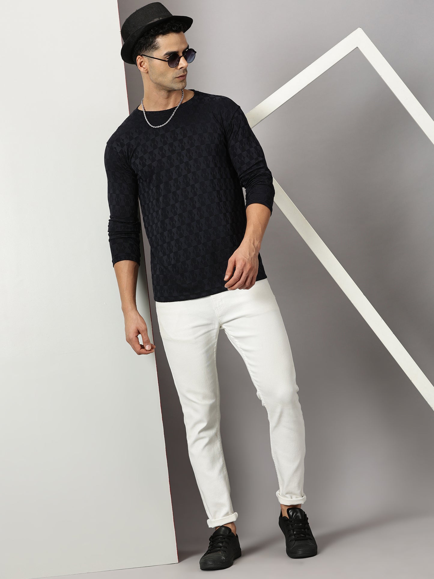Navy Textured Full-sleeve T-Shirt