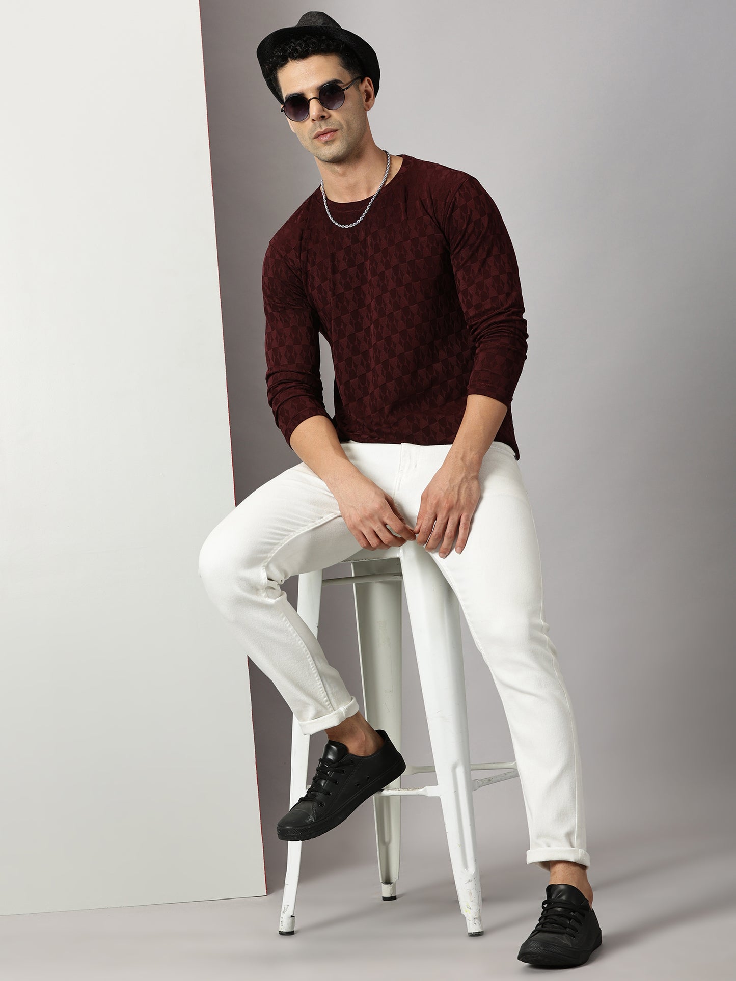 Maroon Textured Full-sleeve T-Shirt