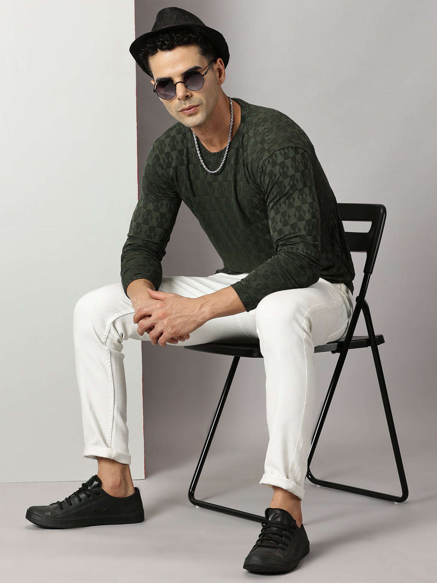 Olive Green Textured Full-sleeve T-Shirt
