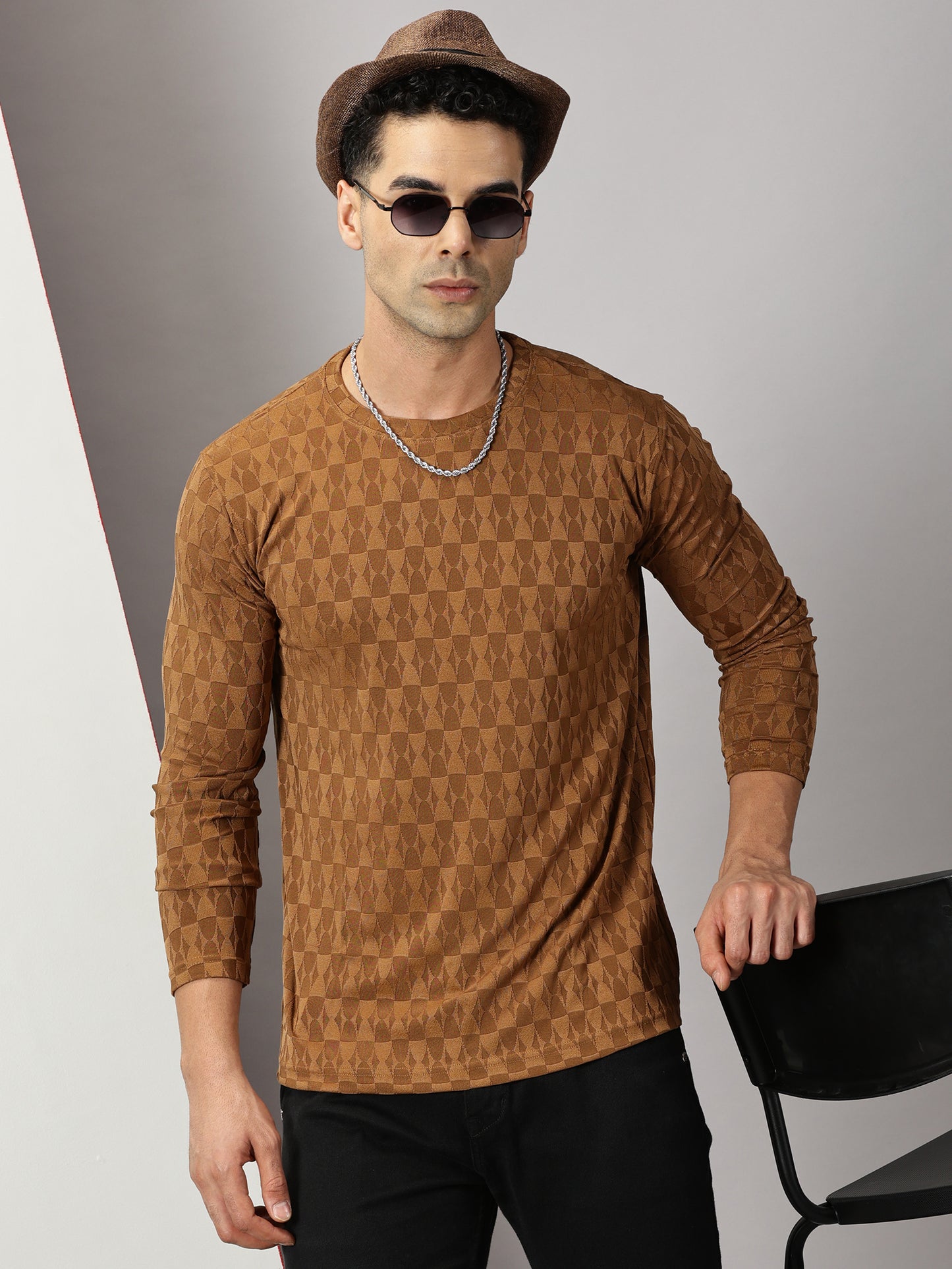 Brown Textured Full-sleeve T-Shirt