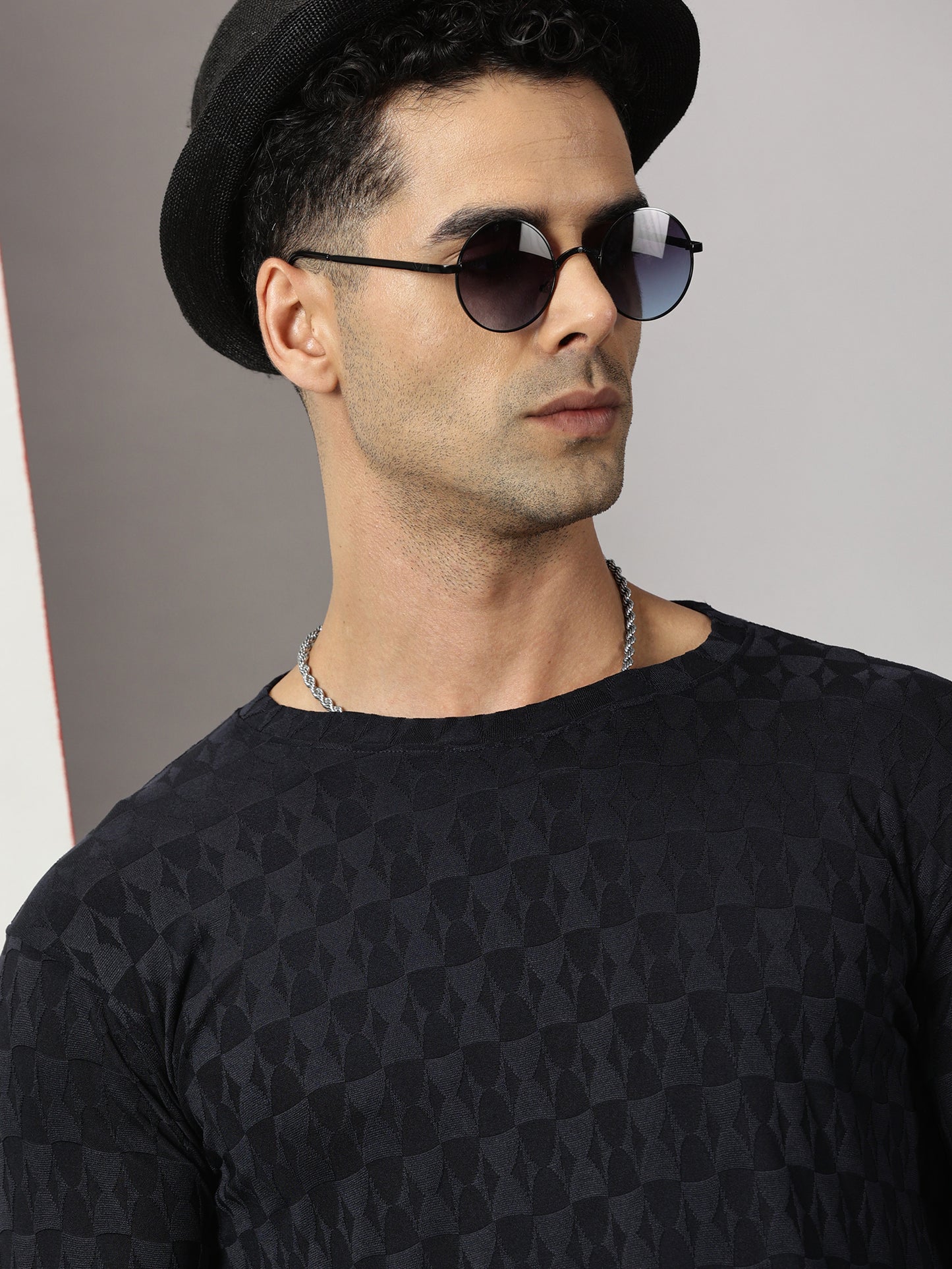 Navy Textured Full-sleeve T-Shirt