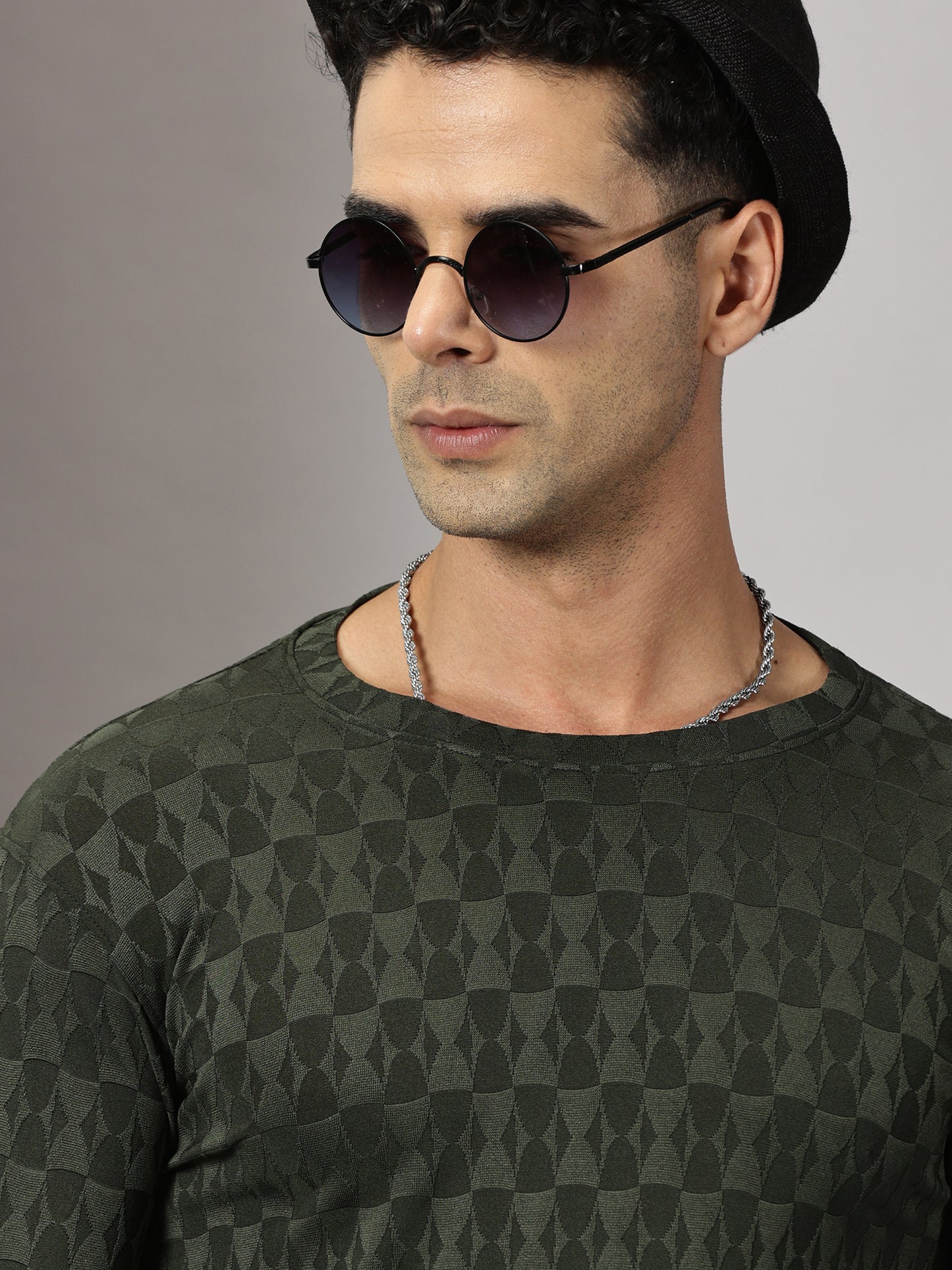 Olive Green Textured Full-sleeve T-Shirt