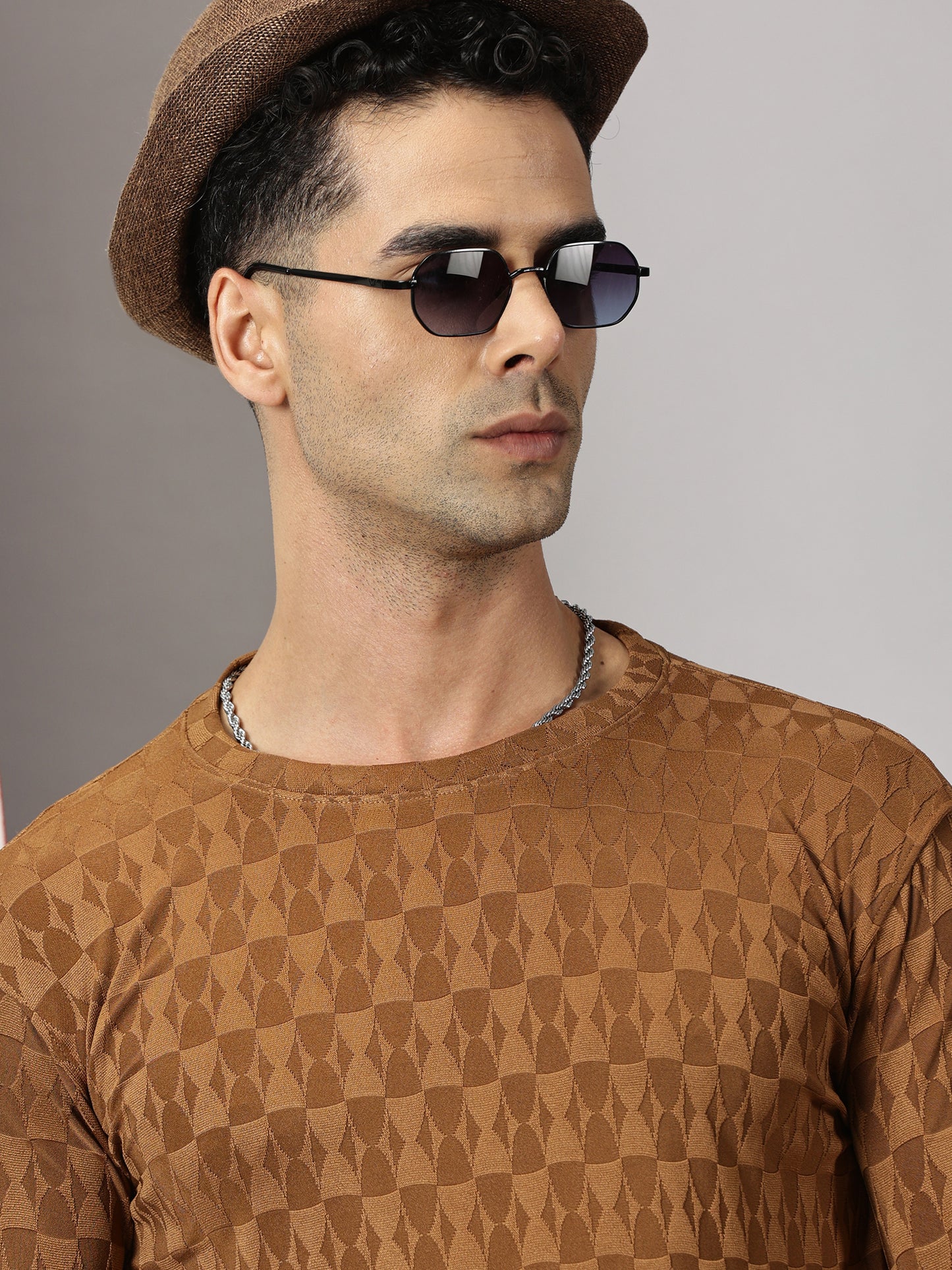 Brown Textured Full-sleeve T-Shirt