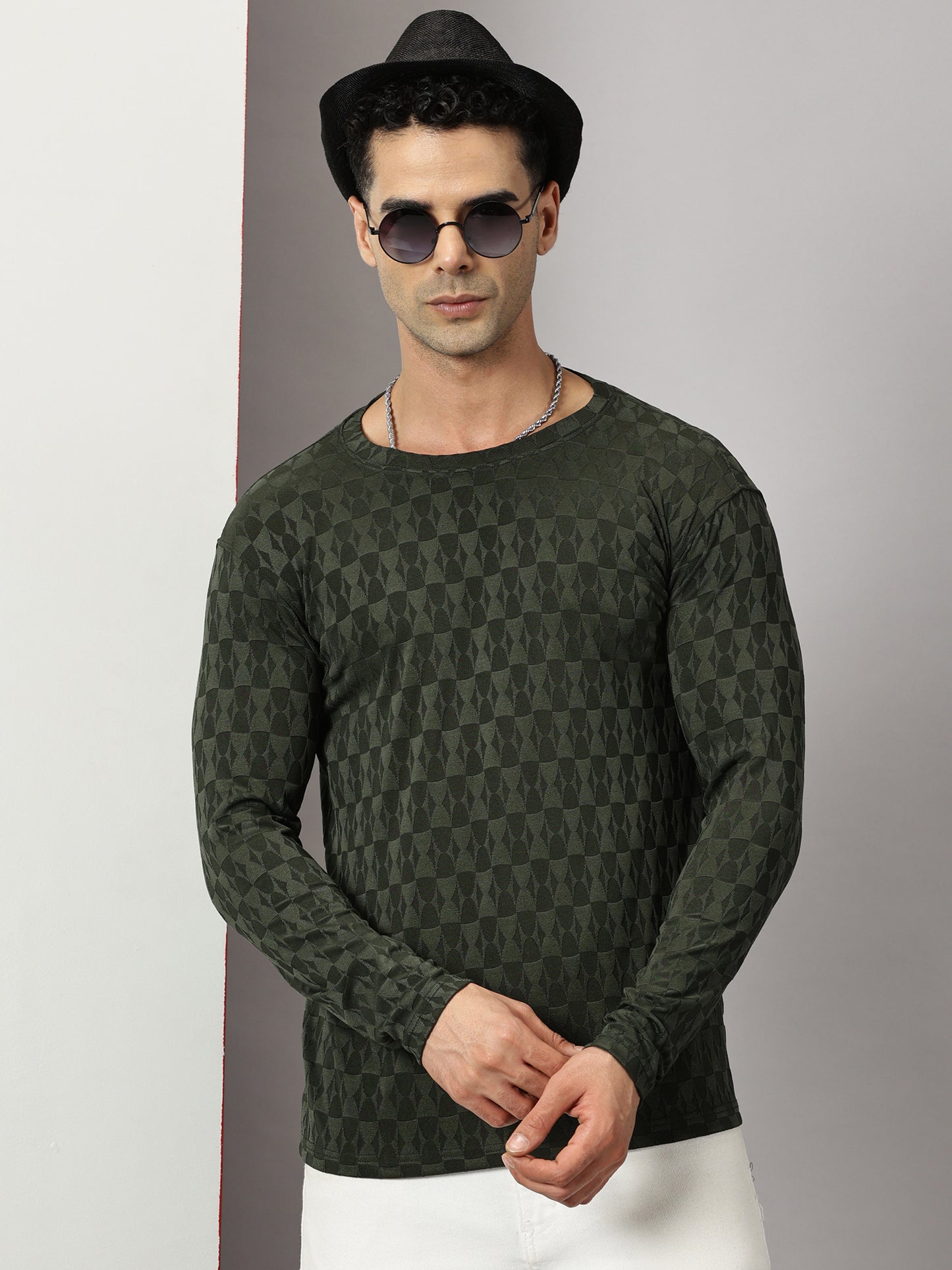 Olive Green Textured  Full-sleeve T-Shirt