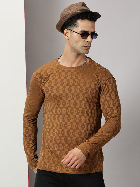 Brown Textured  Full-sleeve T-Shirt