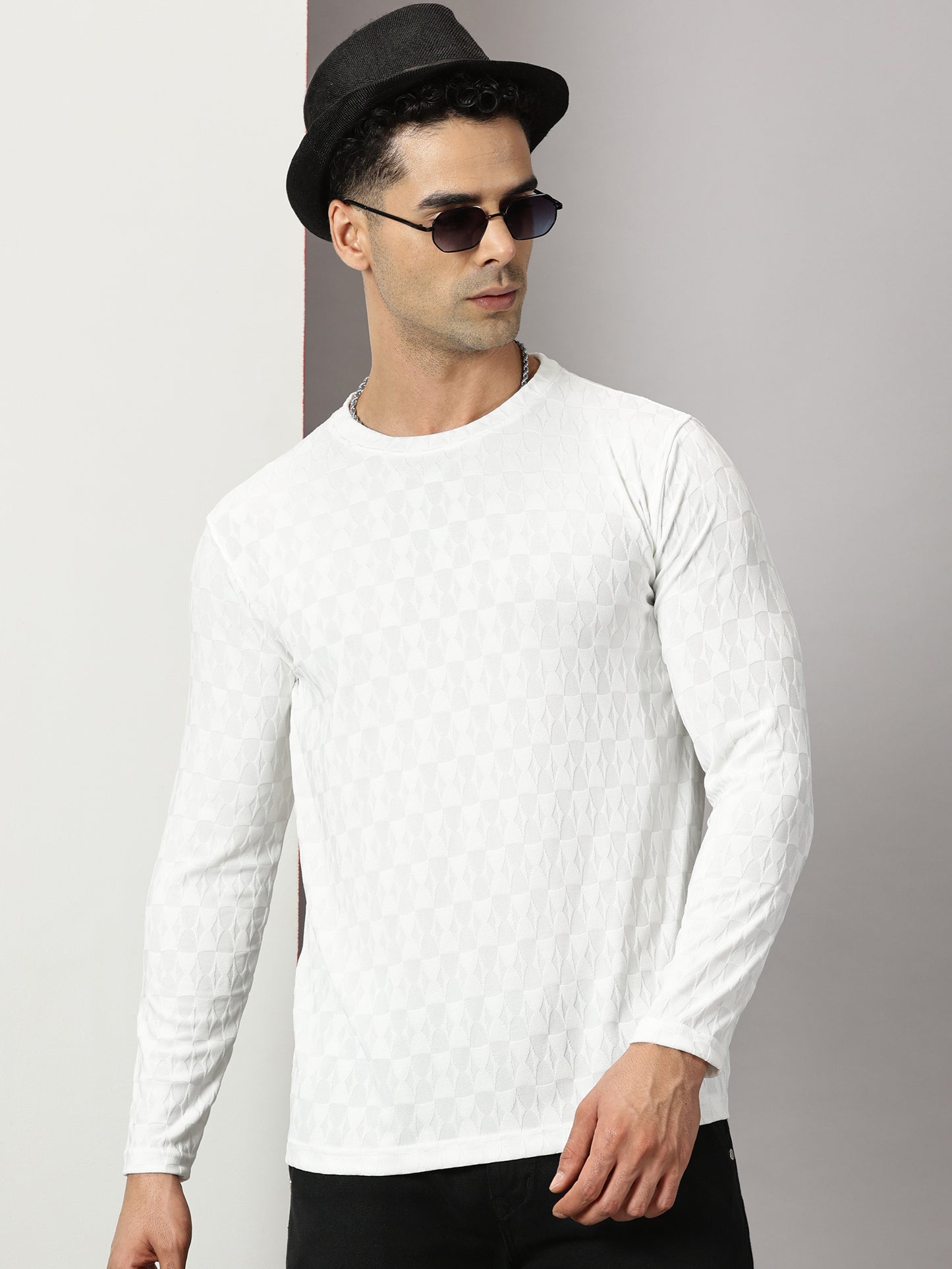 White Textured  Full-sleeve T-Shirt