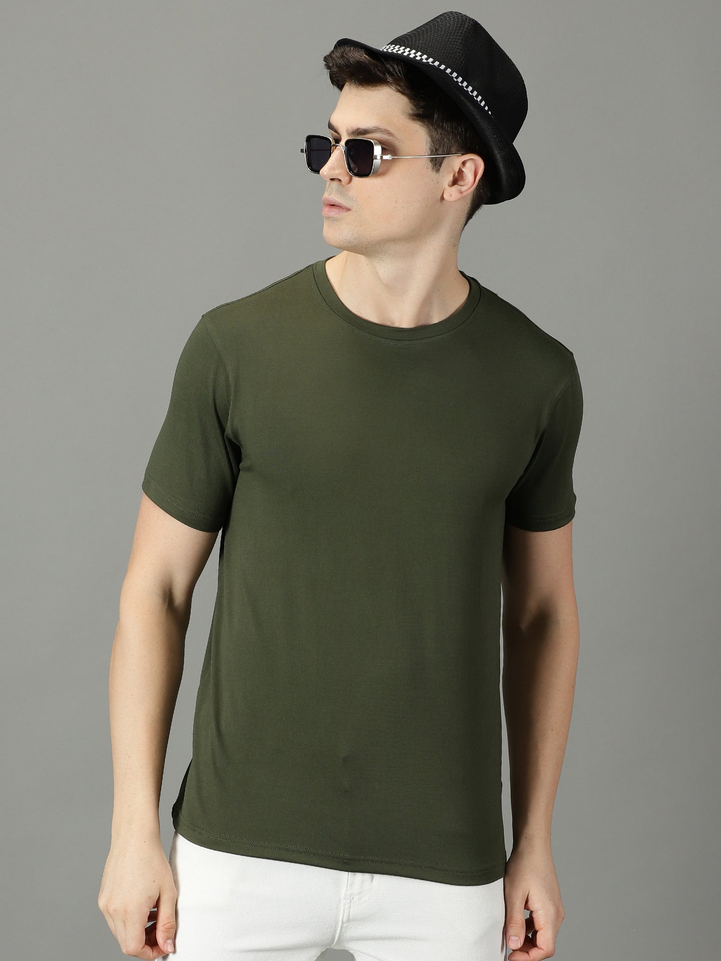 Olive Green Solid Crew Neck T-shirt