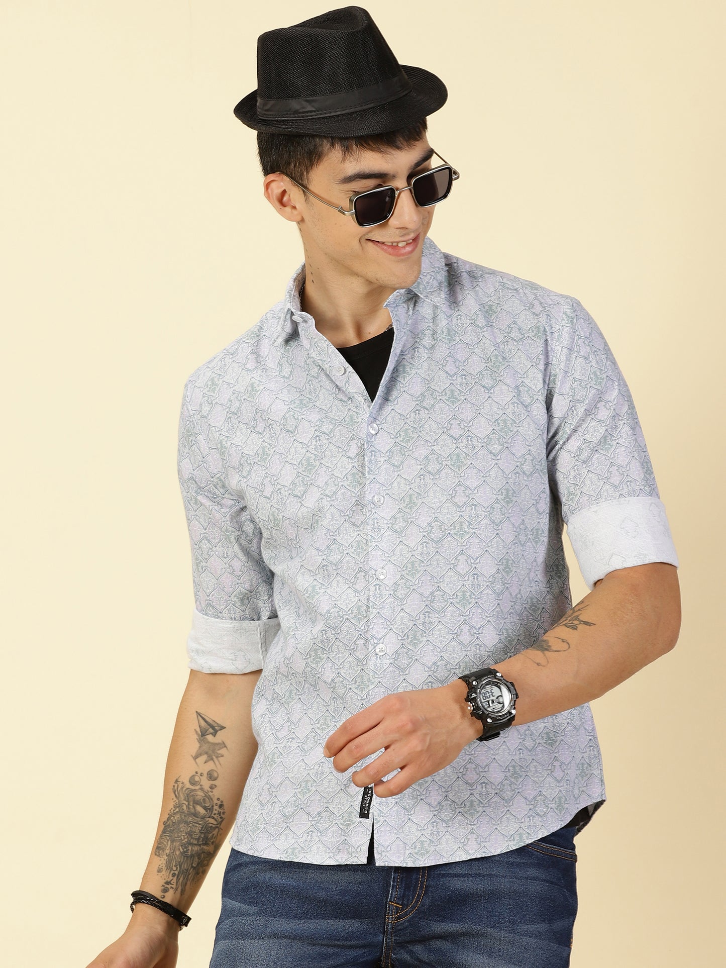 Cotton Linen Printed White Shirt