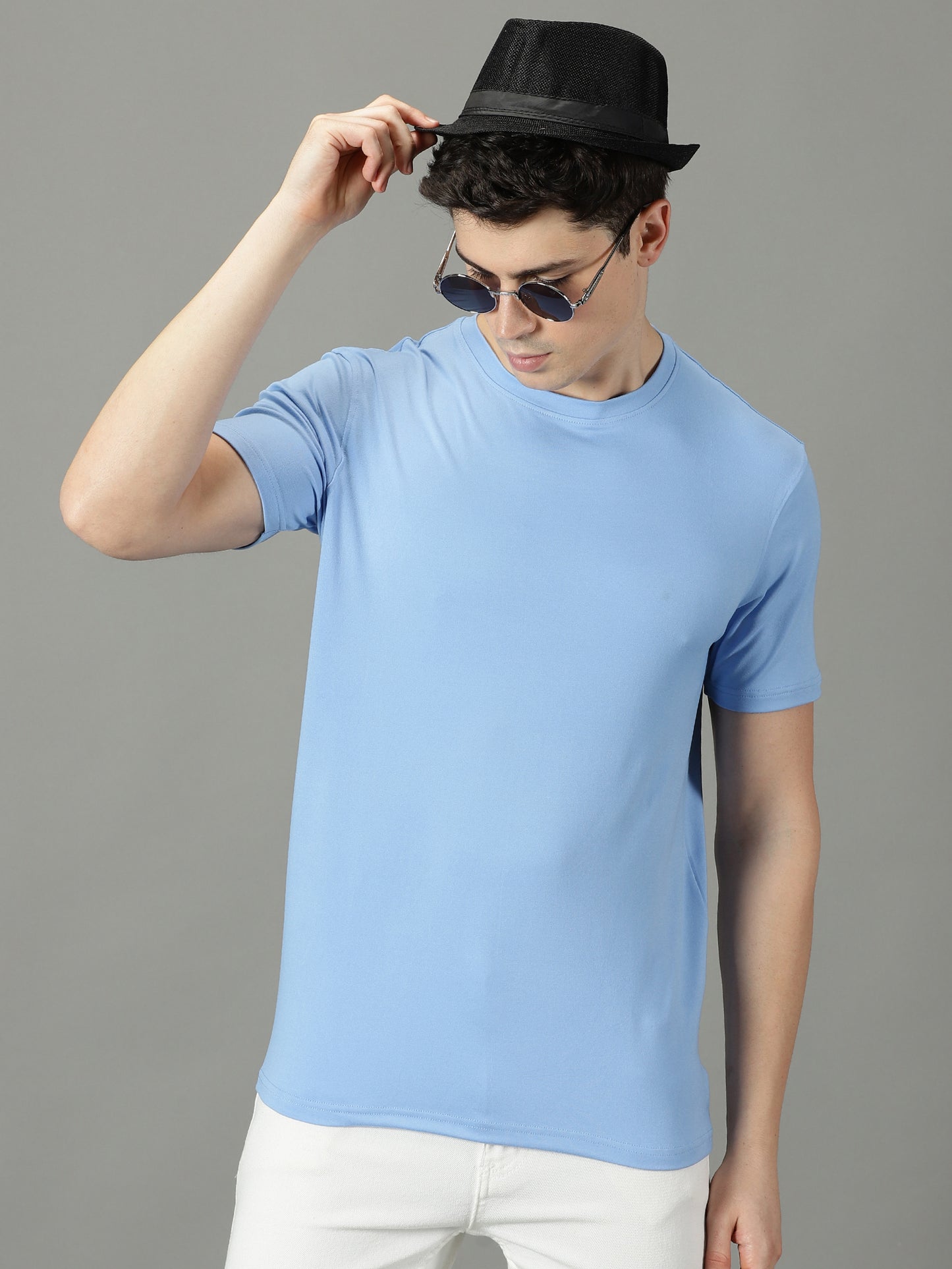 Sky Blue Solid Crew Neck T-shirt