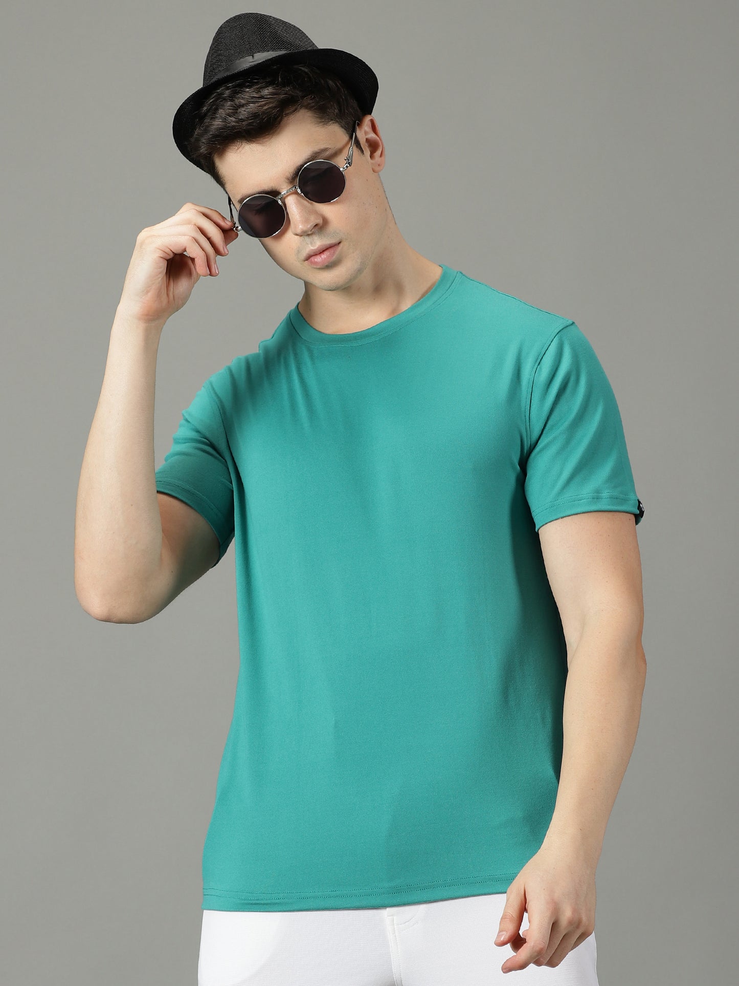 Teal Green Solid Crew Neck T-shirt