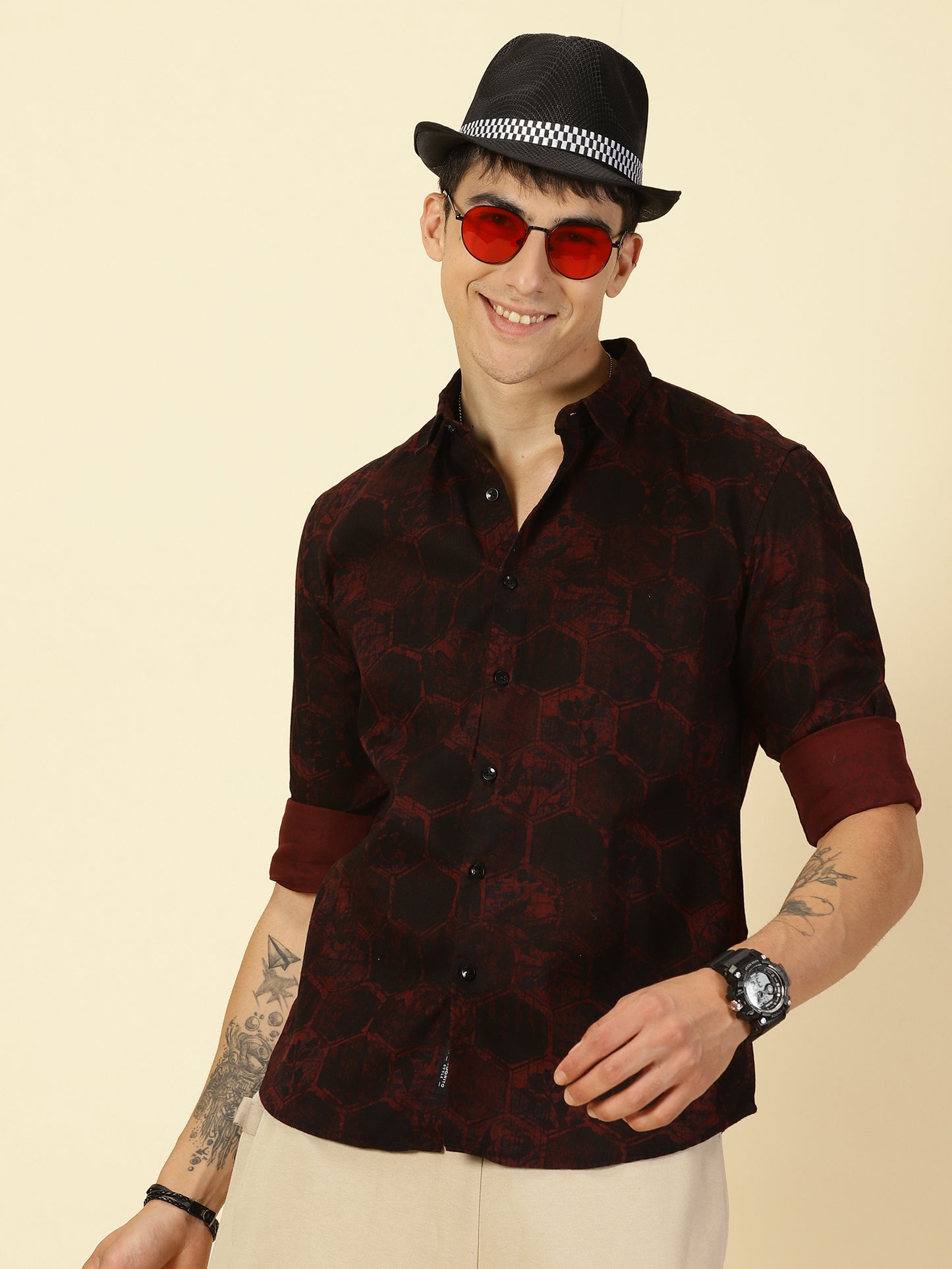 Twill Cotton Printed Dark Maroon Shirt