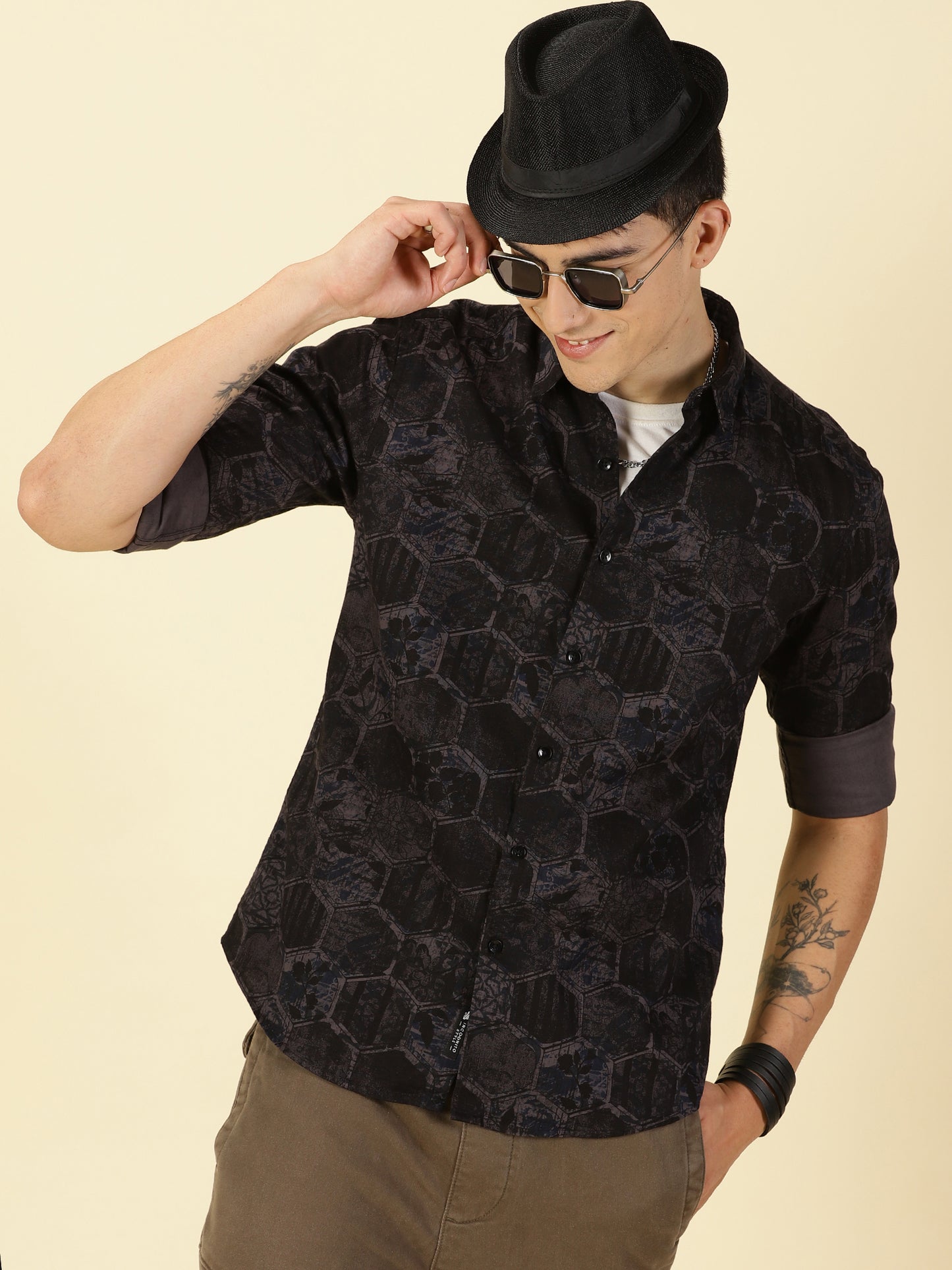 Twill Cotton Printed Dark Grey Shirt