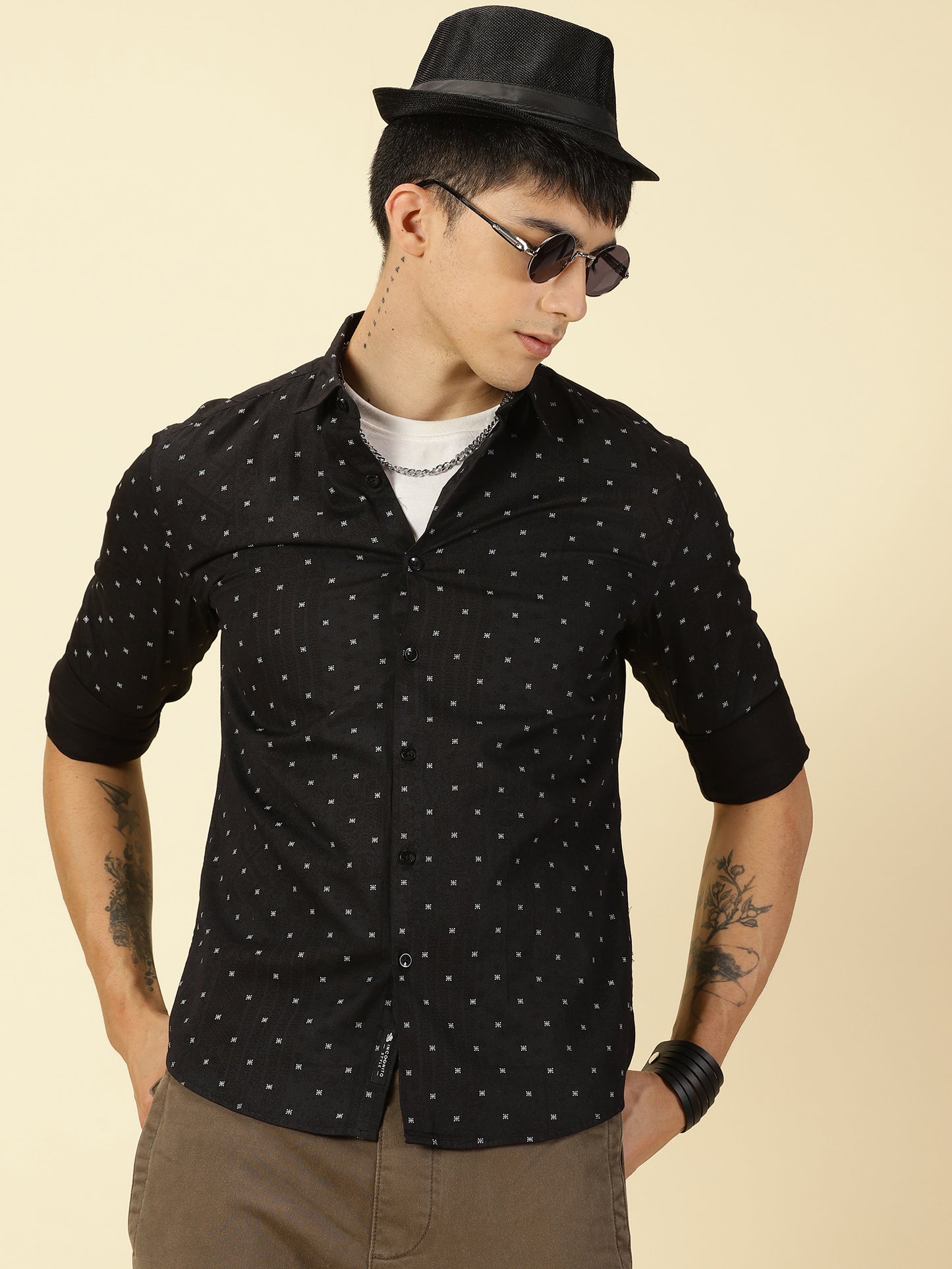 Cotton Satin Printed Black Shirt