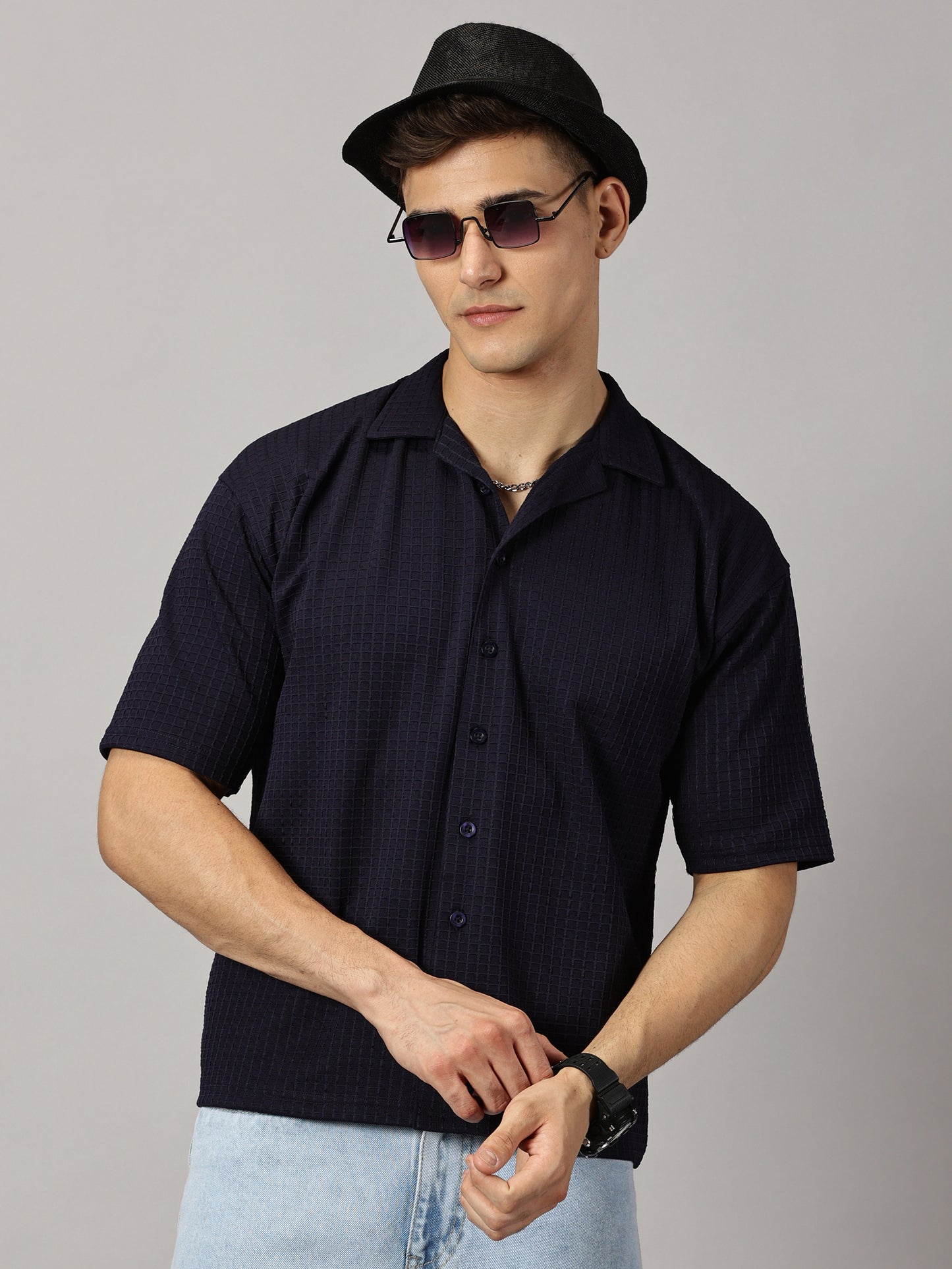 Oversized Textured Navy Blue Shirt