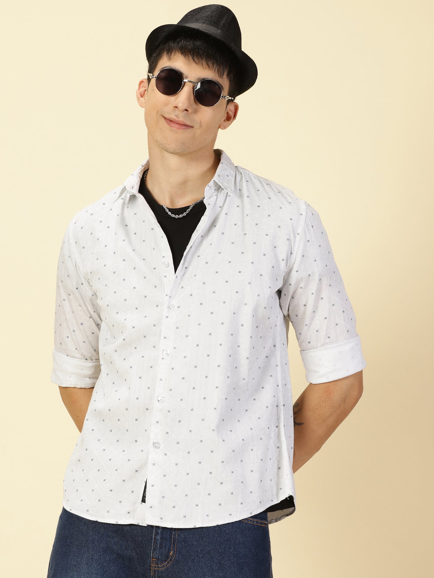 Cotton Satin Printed White Shirt