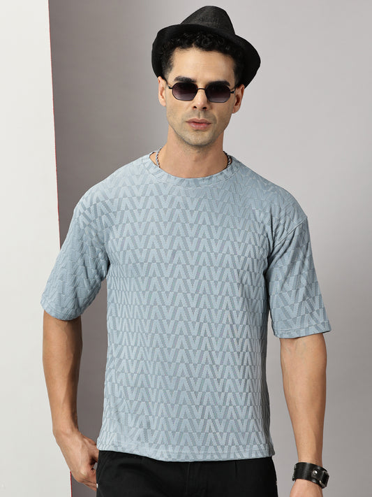 Fresco Light Blue Oversized Textured T-Shirt