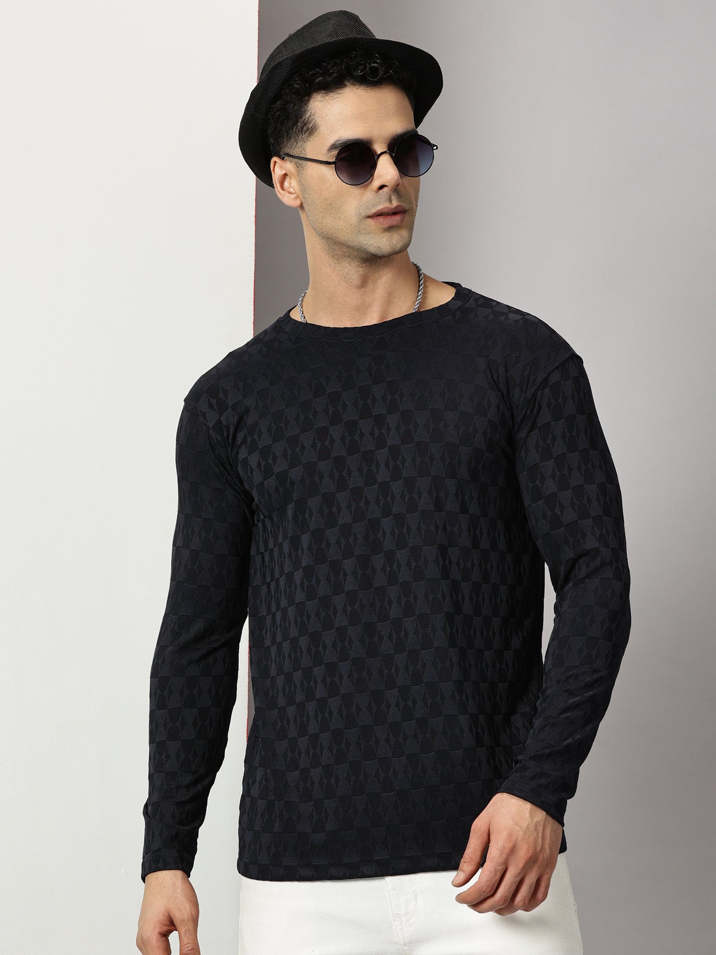 Navy Textured  Full-sleeve T-Shirt