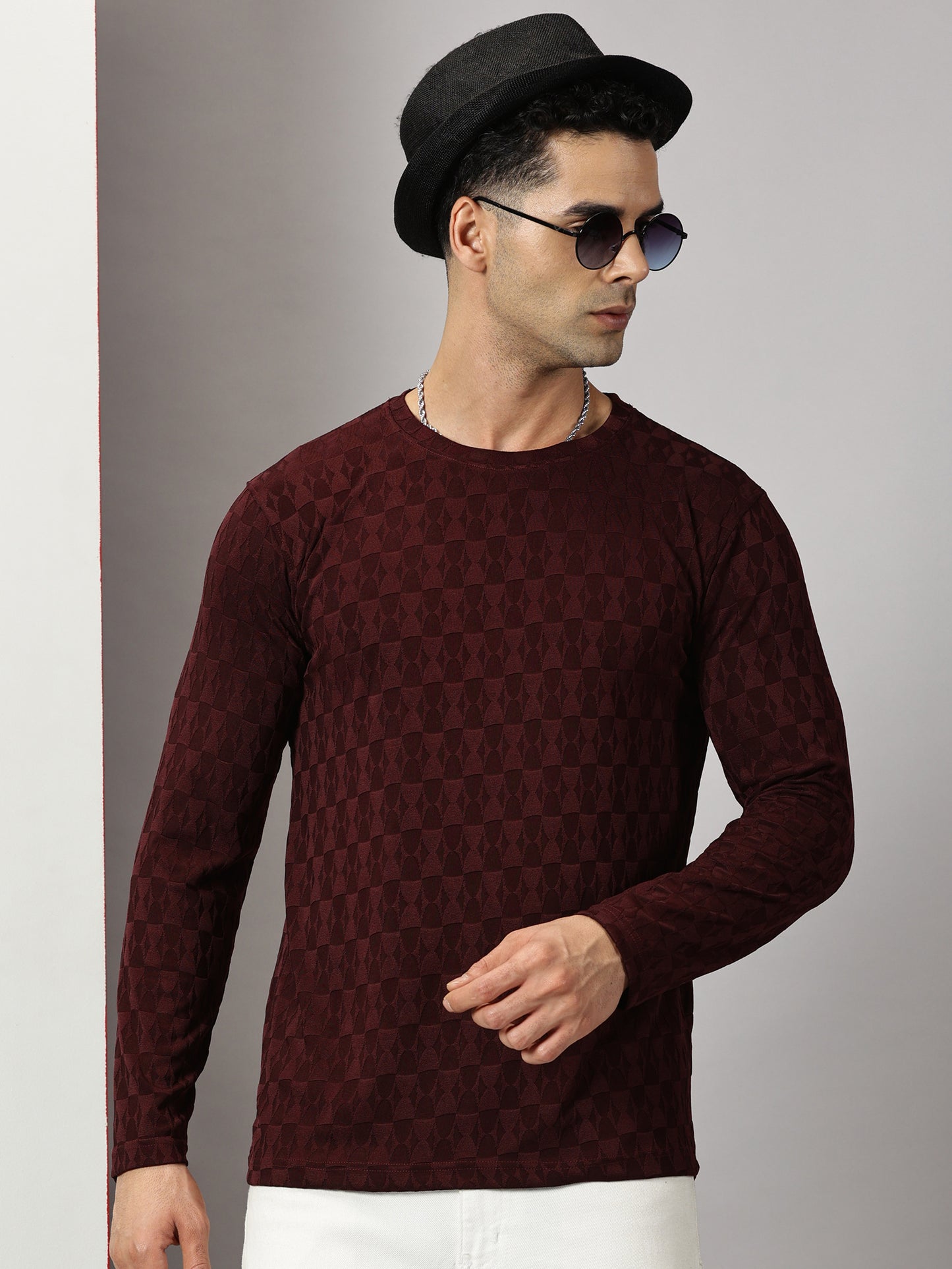 Maroon Textured  Full-sleeve T-Shirt