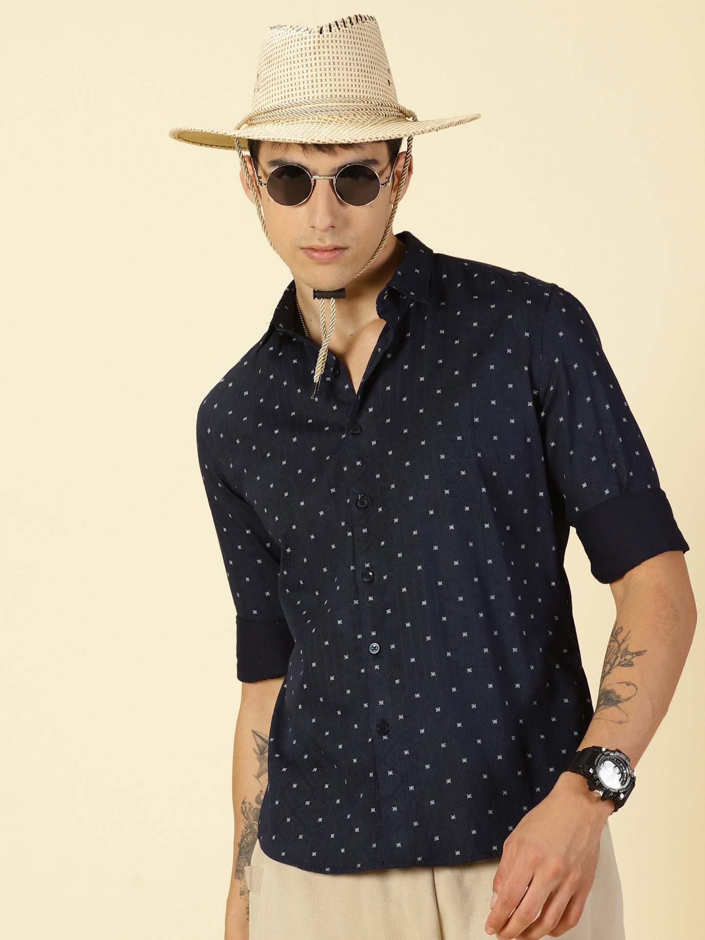 Cotton Satin Printed Navy Blue Shirt