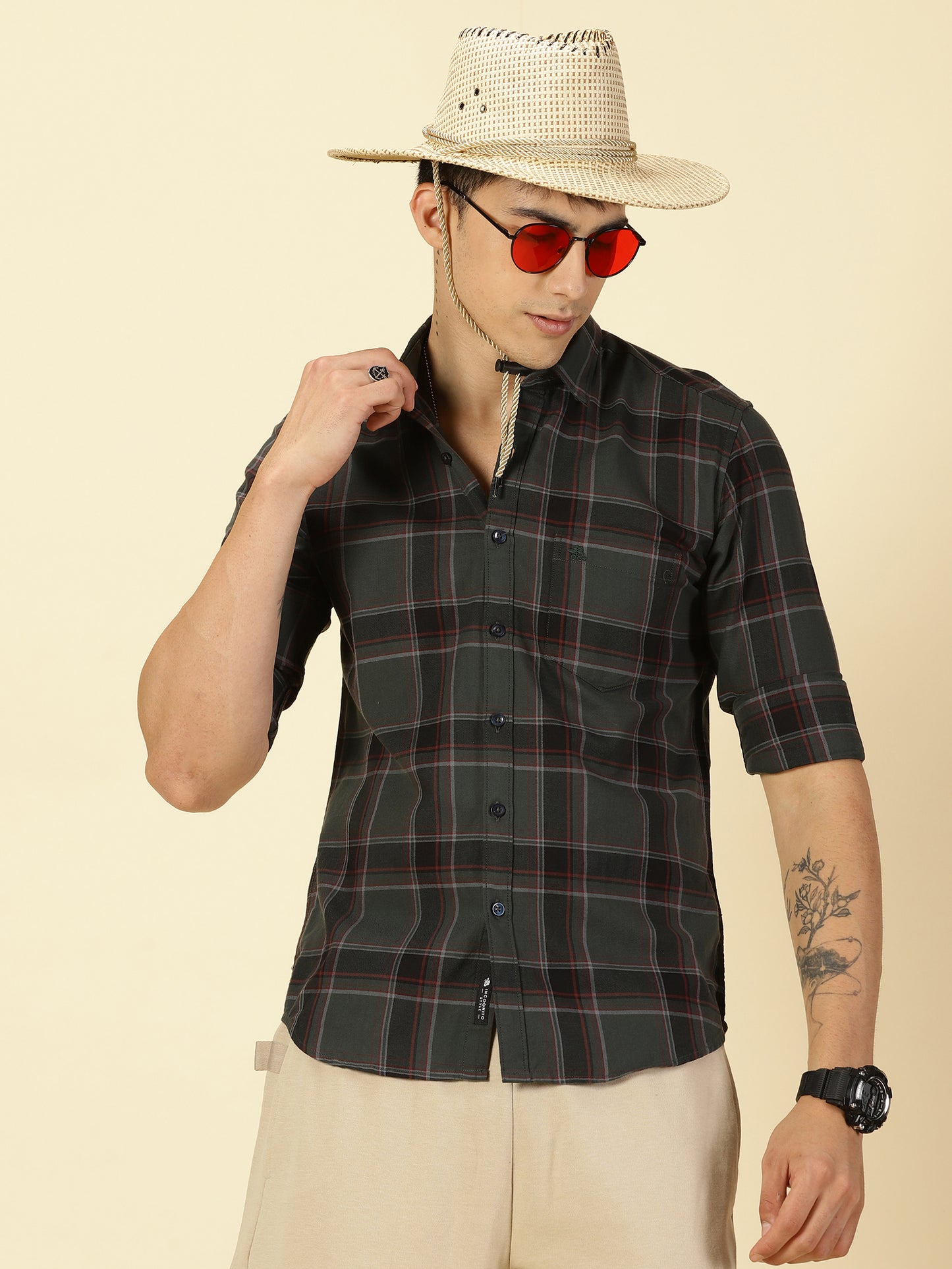 Giza Cotton Checks Olive Green Shirt