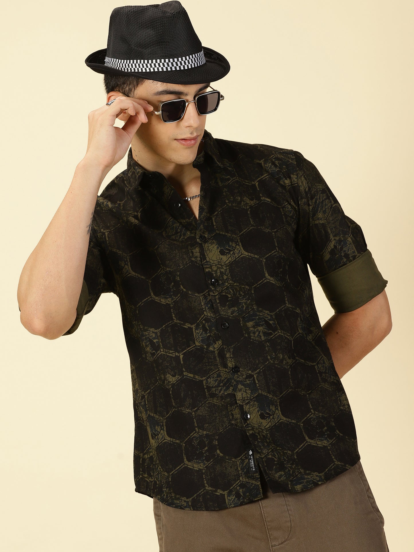 Twill Cotton Printed Dark Green Shirt