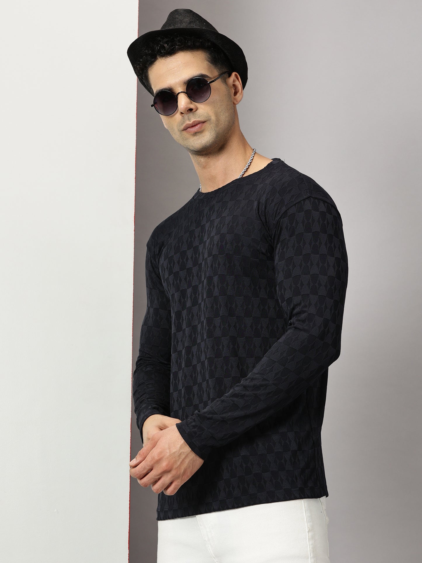 Navy Textured  Full-sleeve T-Shirt