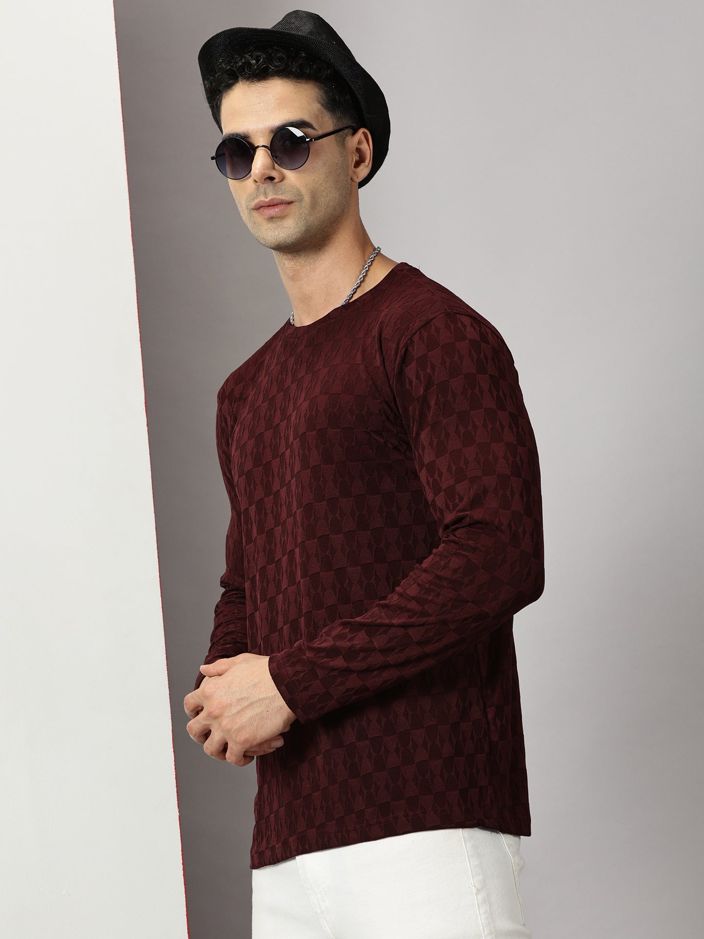 Maroon Textured  Full-sleeve T-Shirt