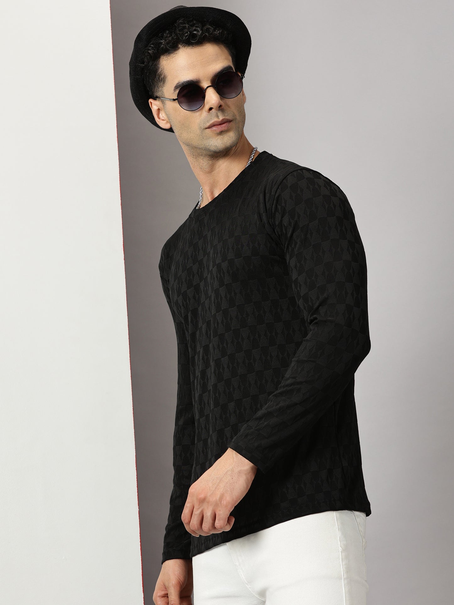 Black Textured  Full-sleeve T-Shirt