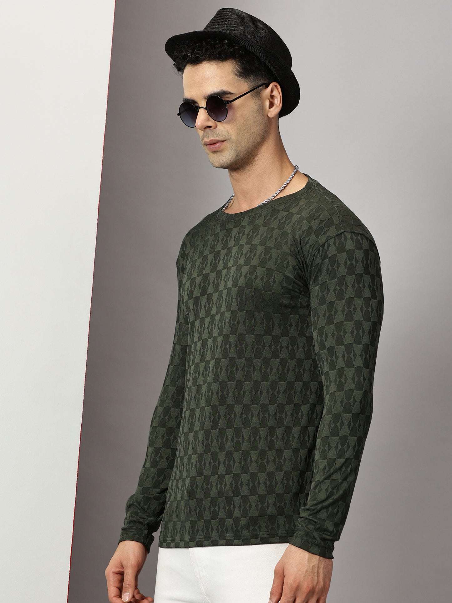 Olive Green Textured  Full-sleeve T-Shirt