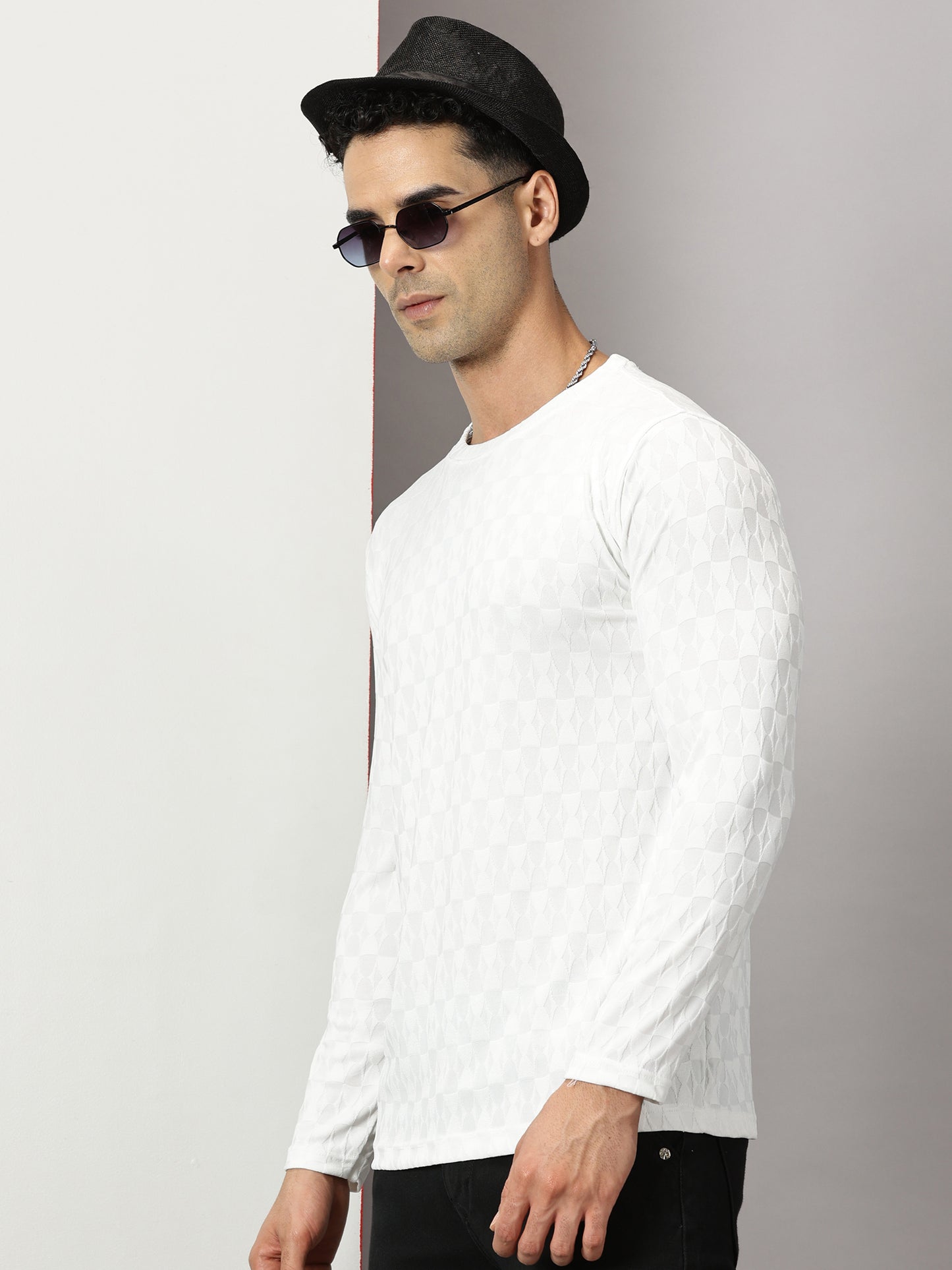 White Textured  Full-sleeve T-Shirt