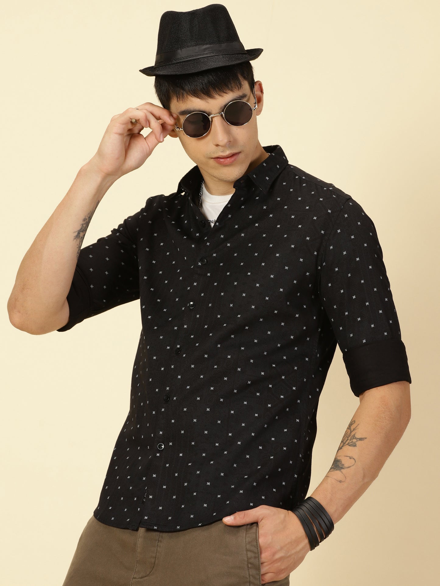 Cotton Satin Printed Black Shirt