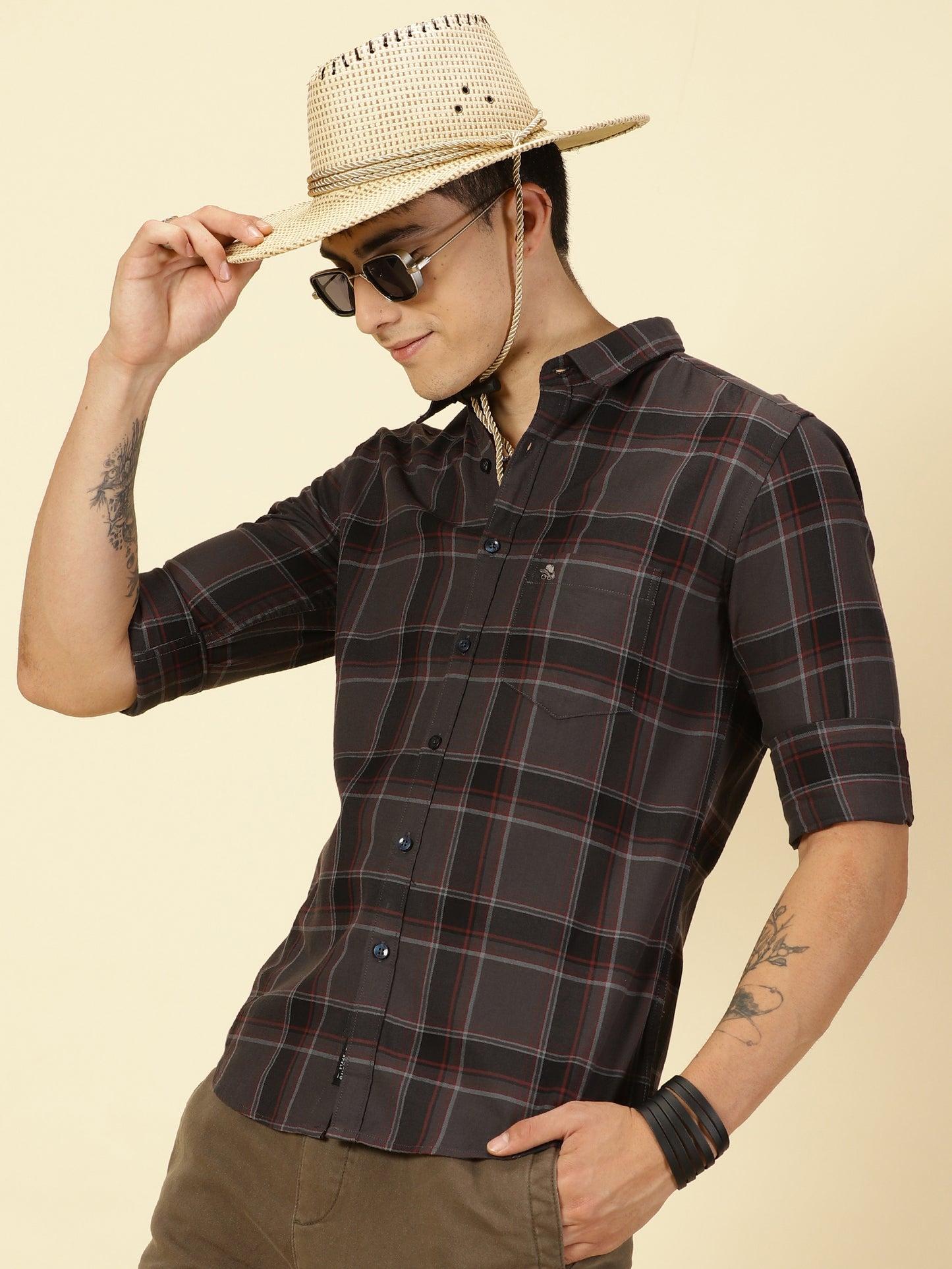 Giza Cotton Checks Dark Grey Shirt