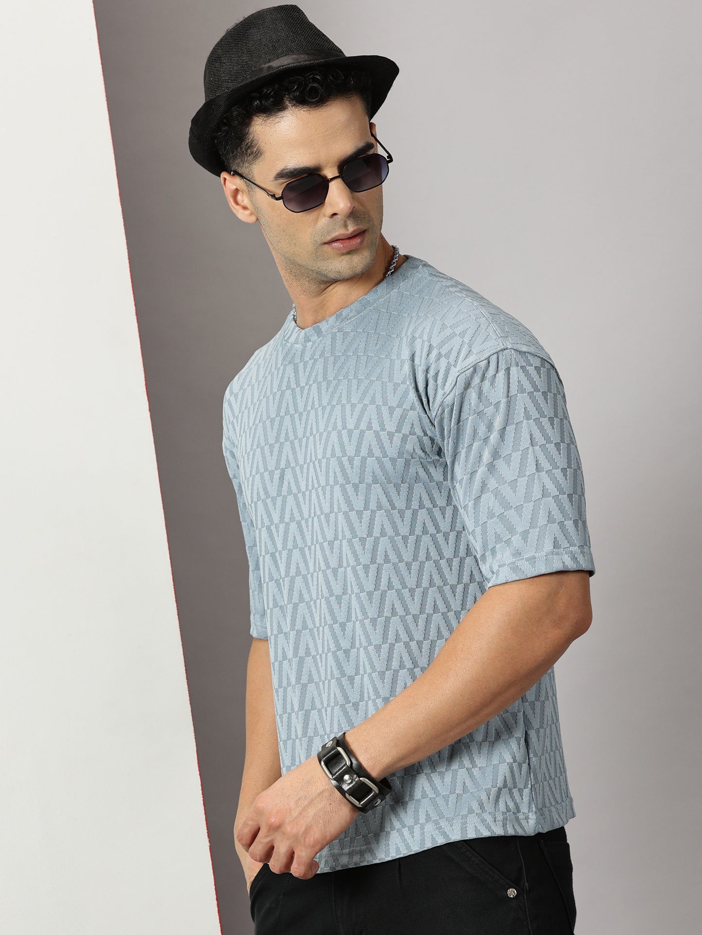 Fresco Light Blue Oversized Textured T-Shirt