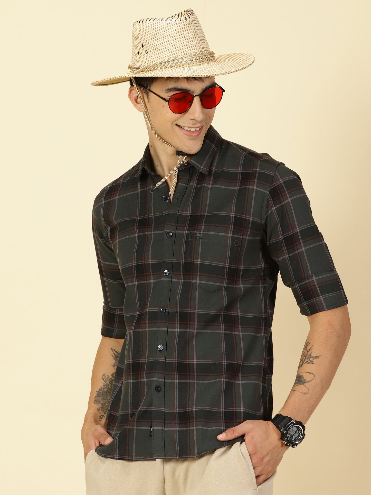 Giza Cotton Checks Olive Green Shirt