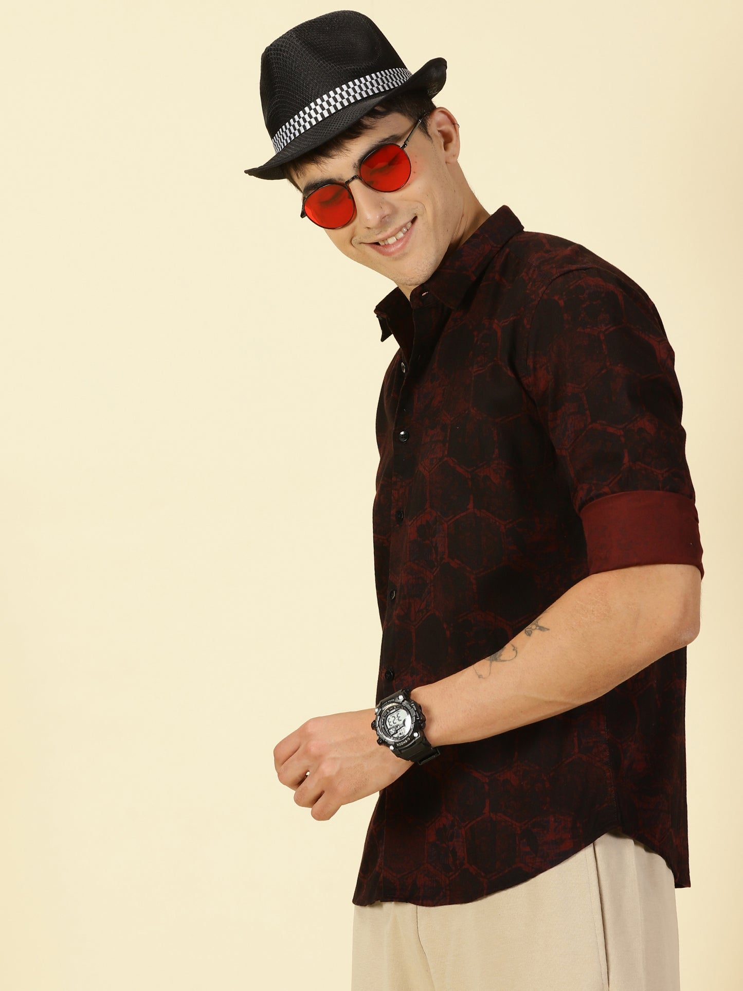 Twill Cotton Printed Dark Maroon Shirt