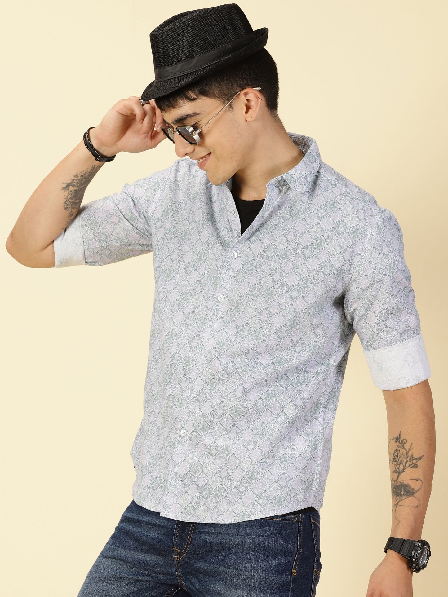 Cotton Linen Printed White Shirt