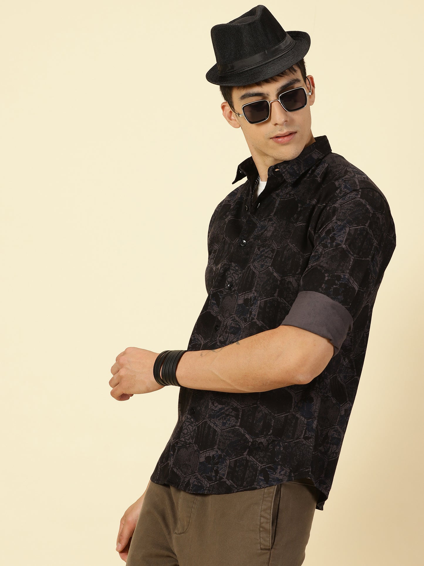 Twill Cotton Printed Dark Grey Shirt