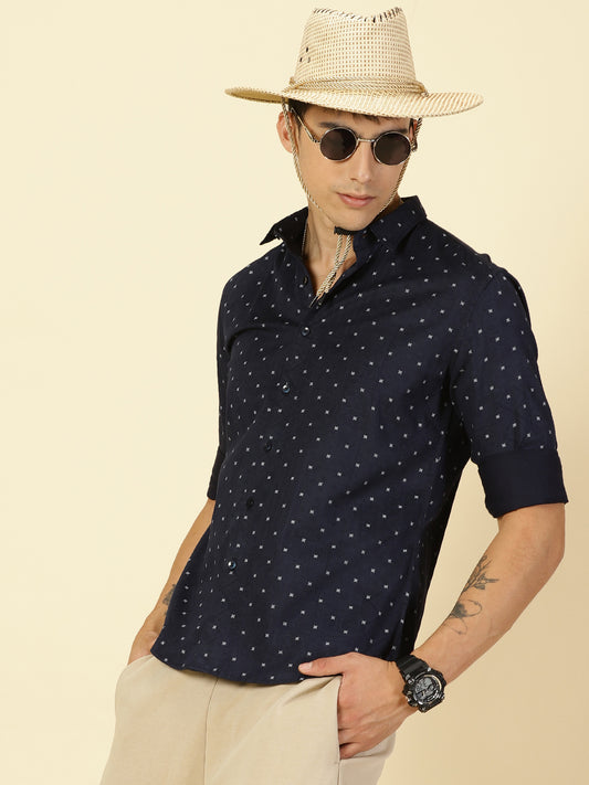 Cotton Satin Printed Navy Blue Shirt