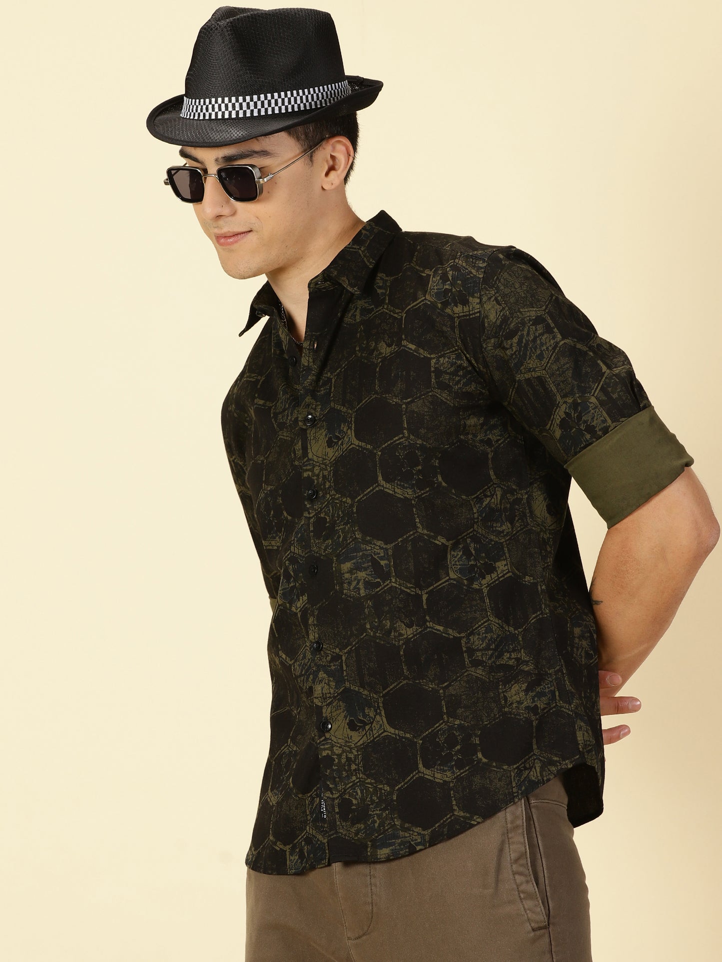 Twill Cotton Printed Dark Green Shirt