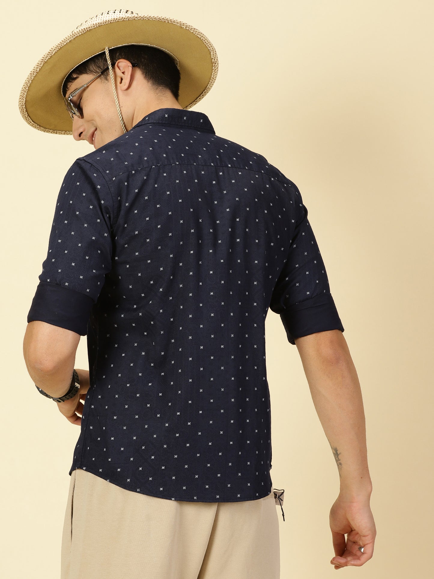 Cotton Satin Printed Navy Blue Shirt