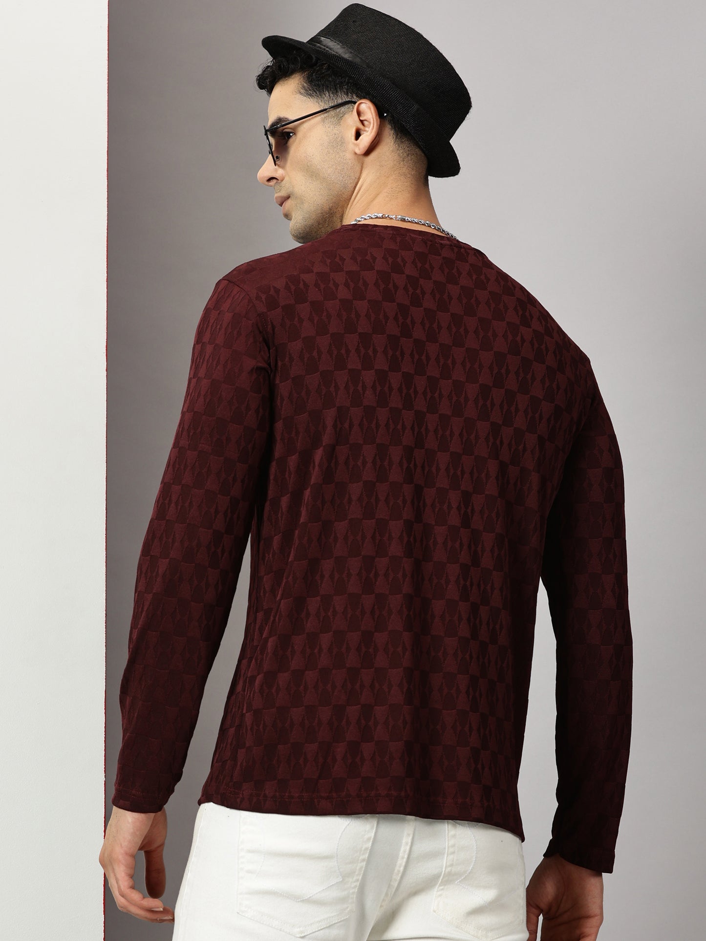 Maroon Textured  Full-sleeve T-Shirt