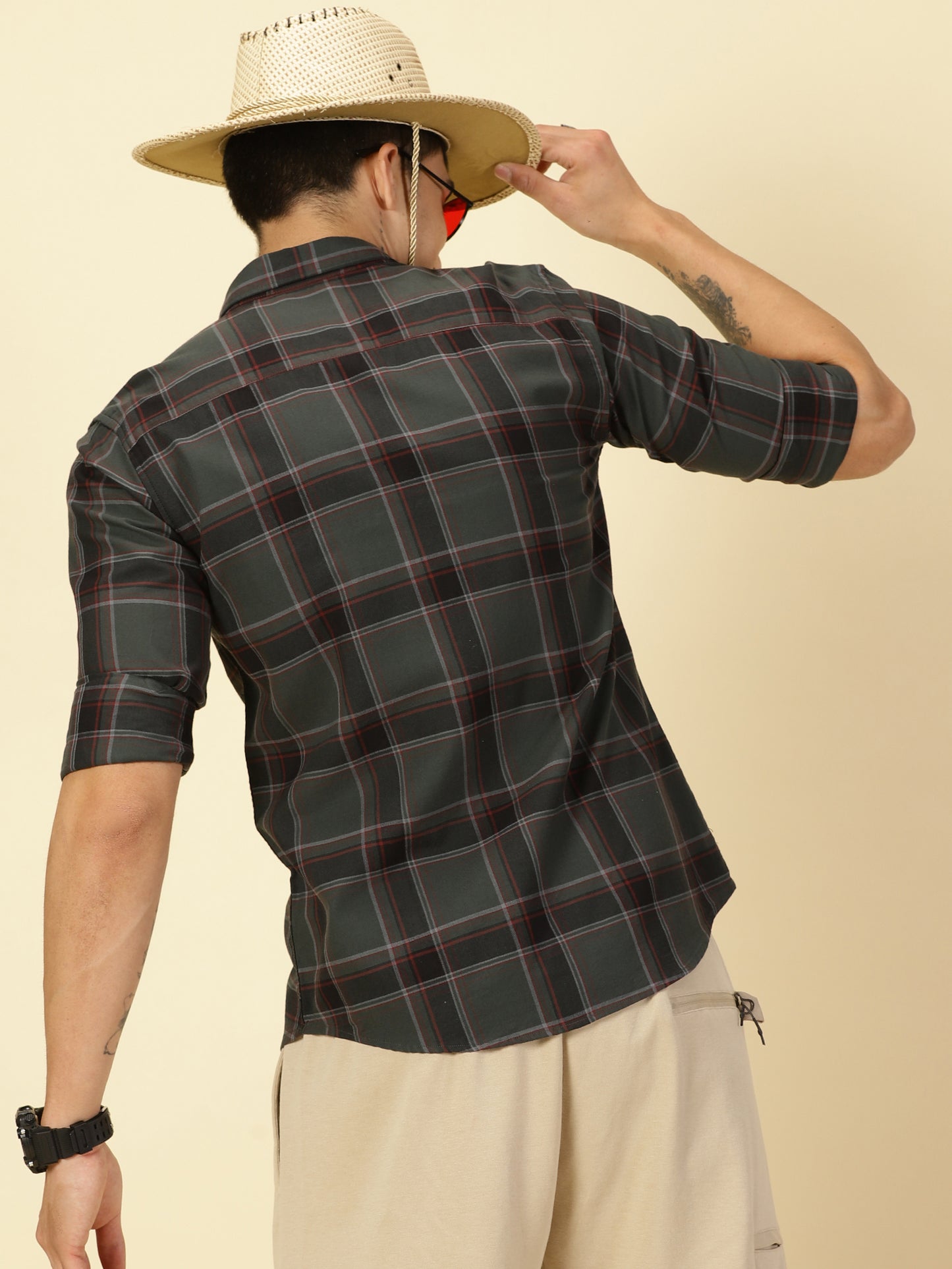 Giza Cotton Checks Olive Green Shirt