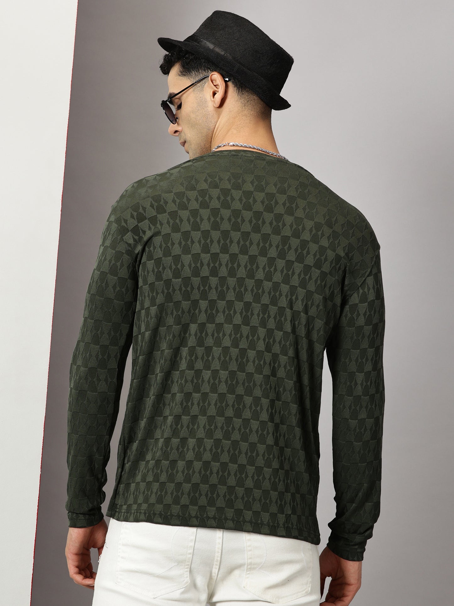 Olive Green Textured  Full-sleeve T-Shirt