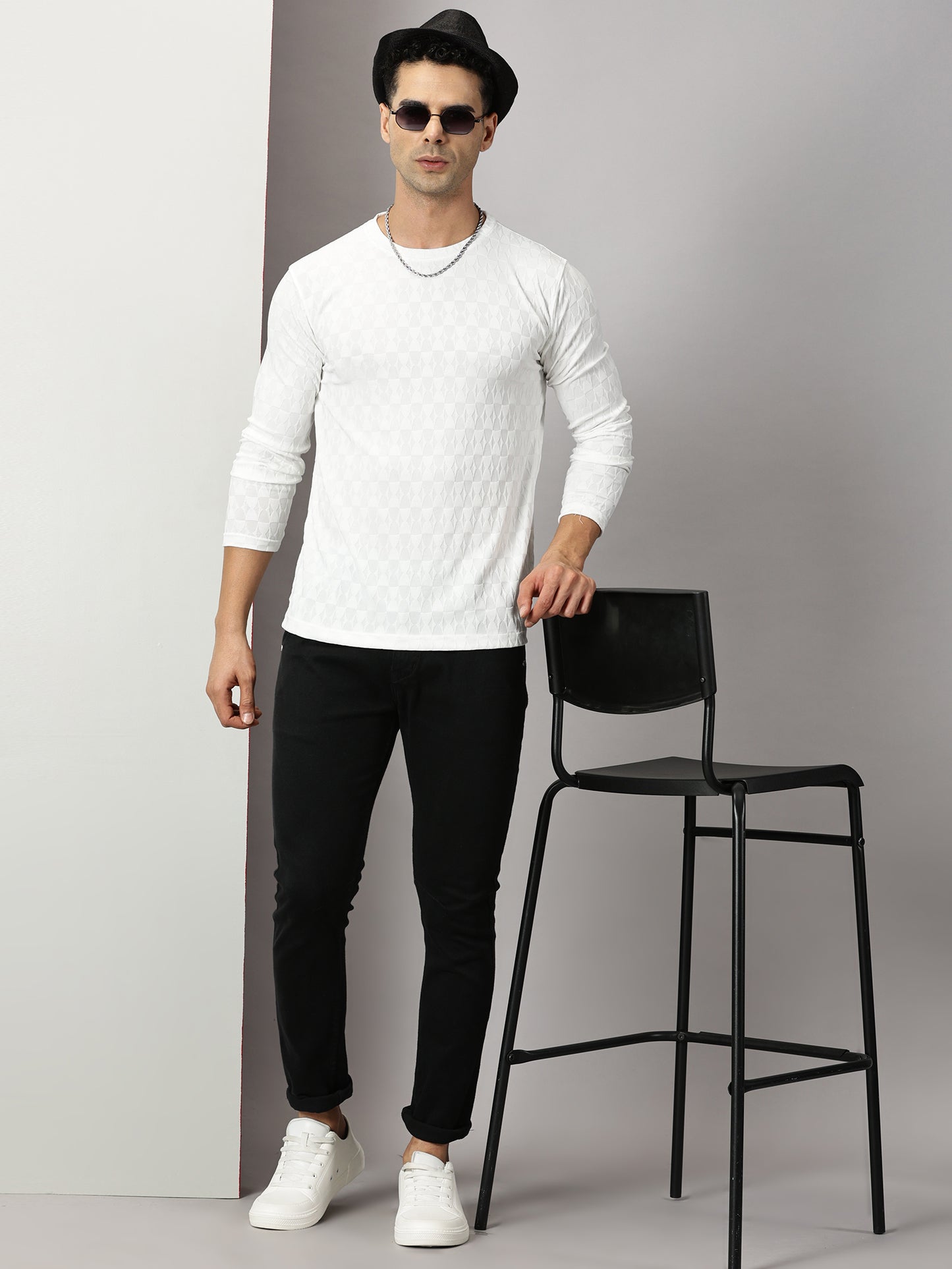 White Textured  Full-sleeve T-Shirt